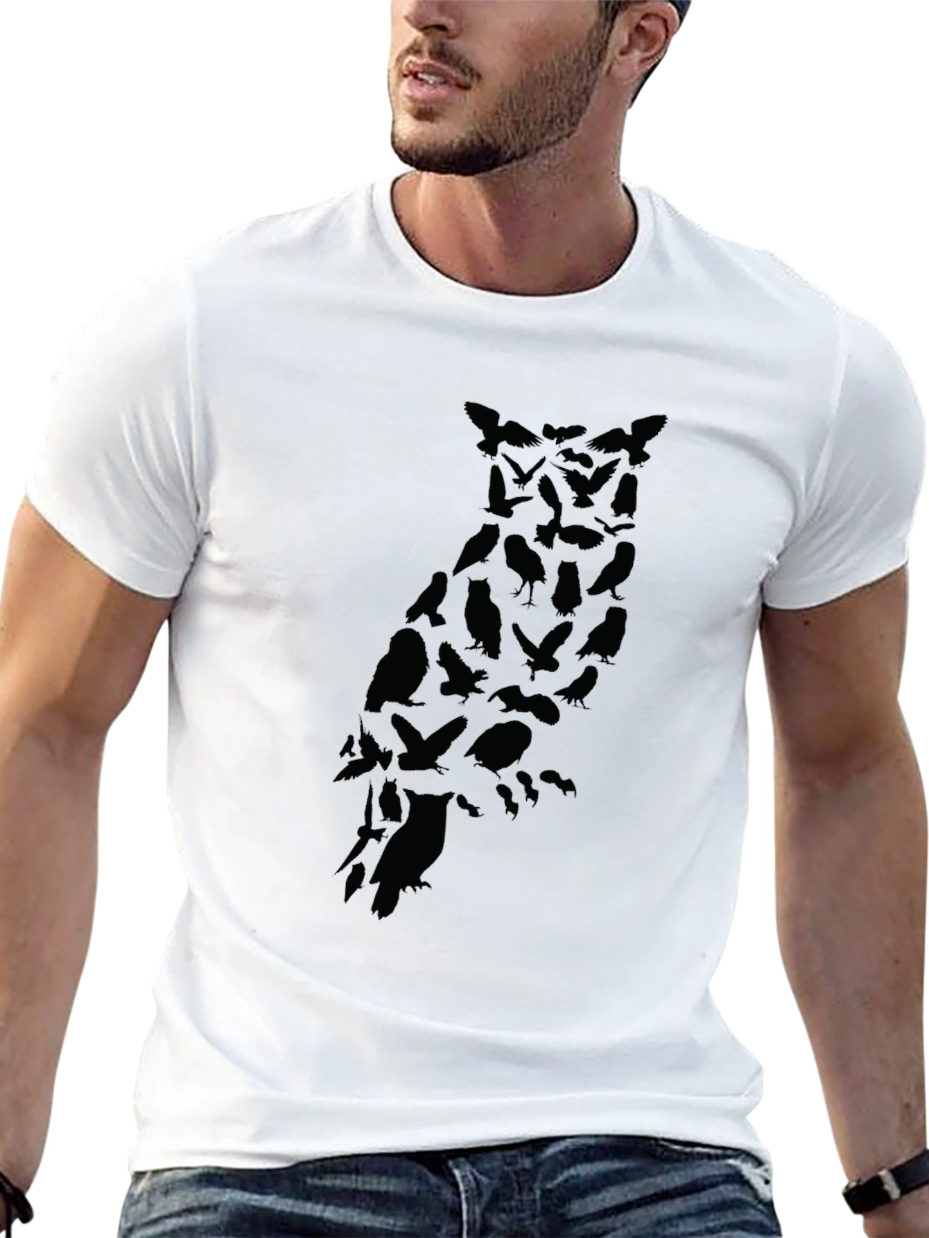 Mens Owl Silhouette Graphic Black T-Shirt