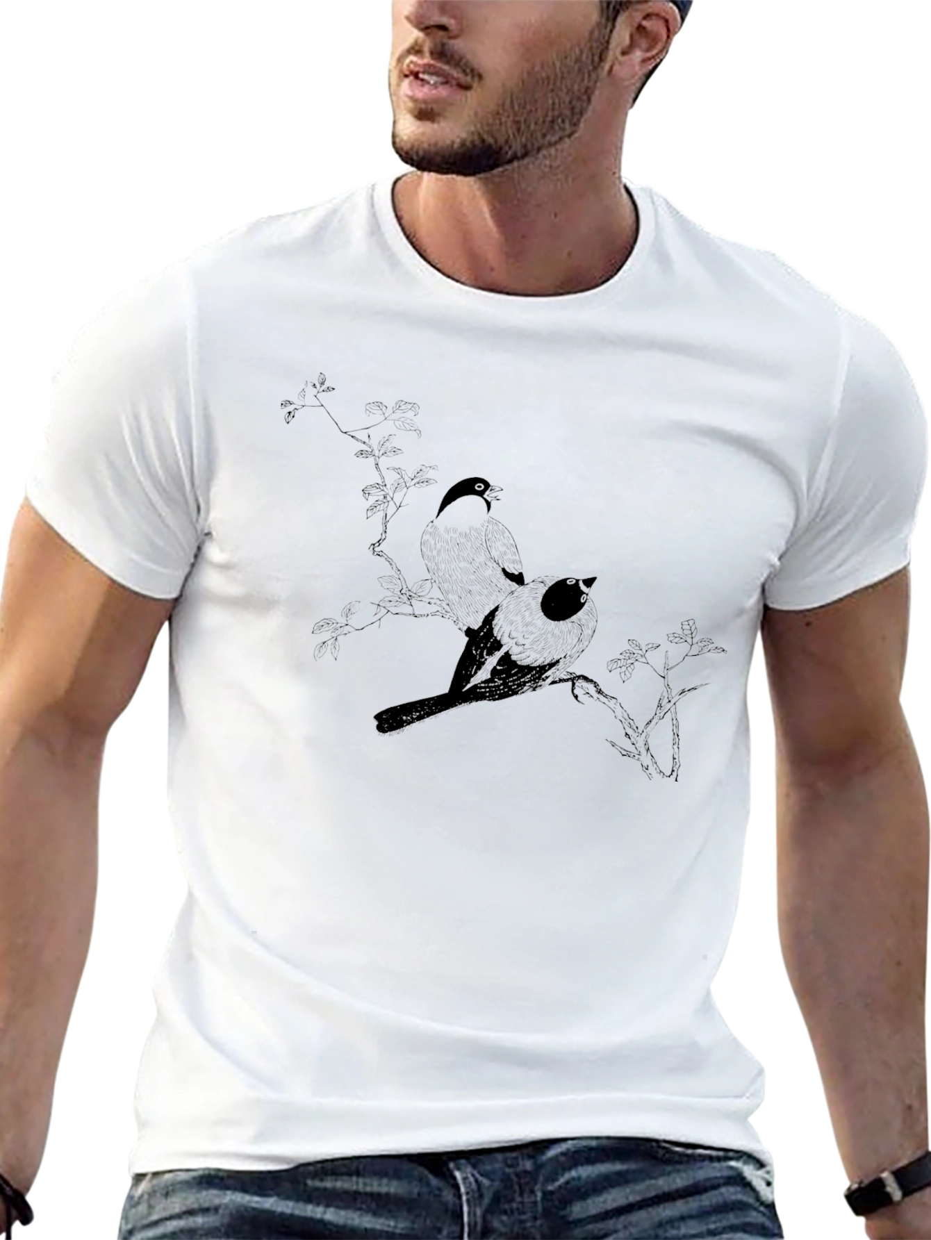 Black T-Shirt with Bird Branch Graphic