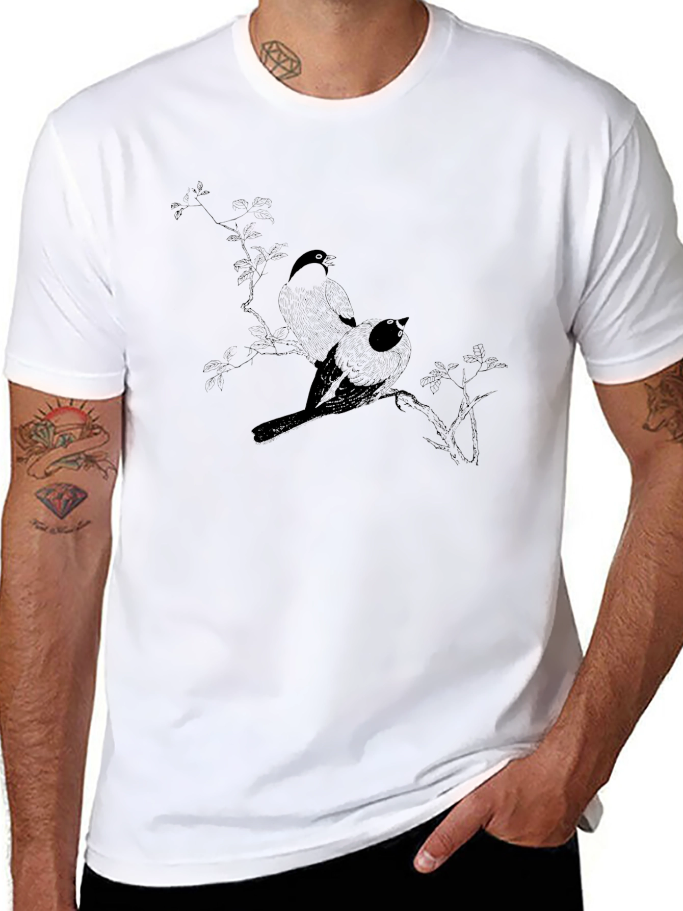 Black T-Shirt with Bird Branch Graphic