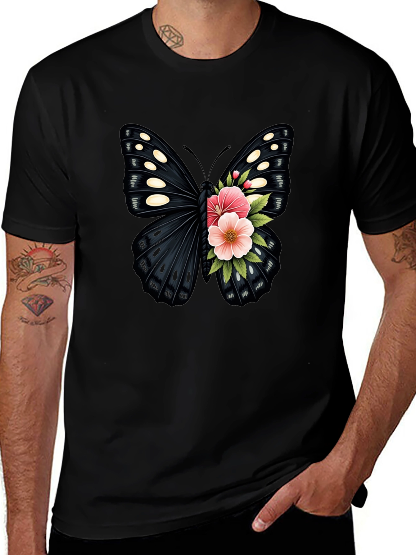 Butterfly Floral Print Black T-Shirt