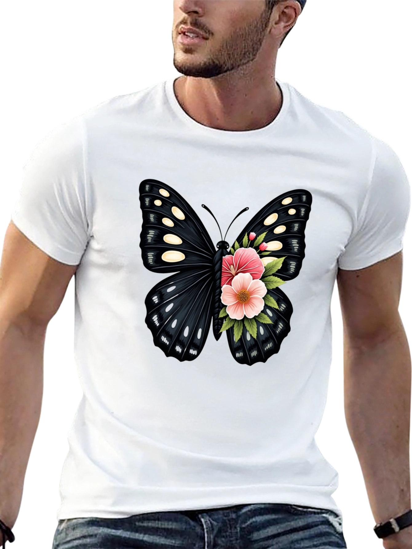 Butterfly Floral Print Black T-Shirt