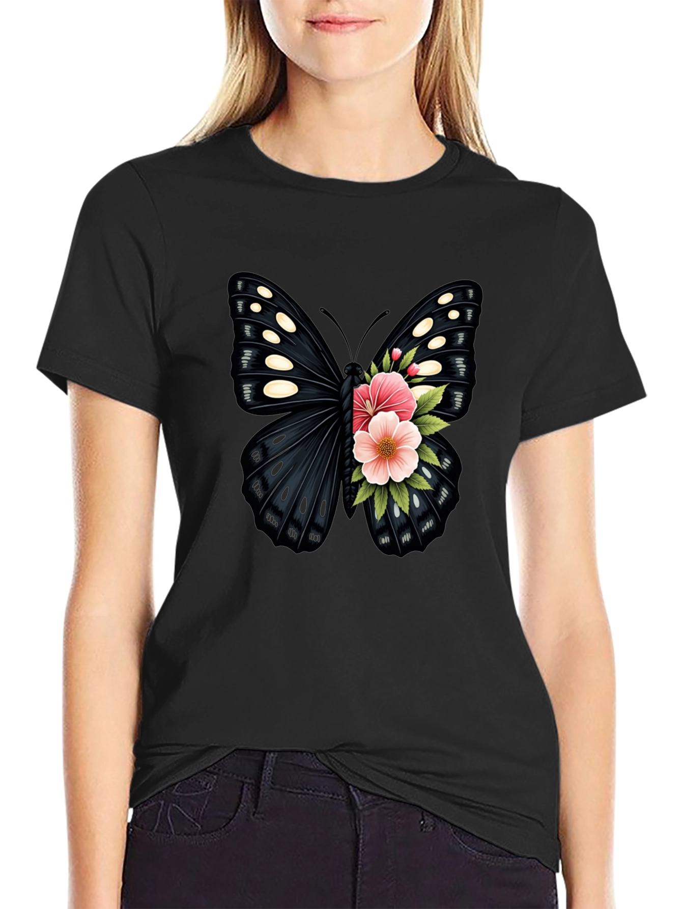 Butterfly Floral Print Black T-Shirt