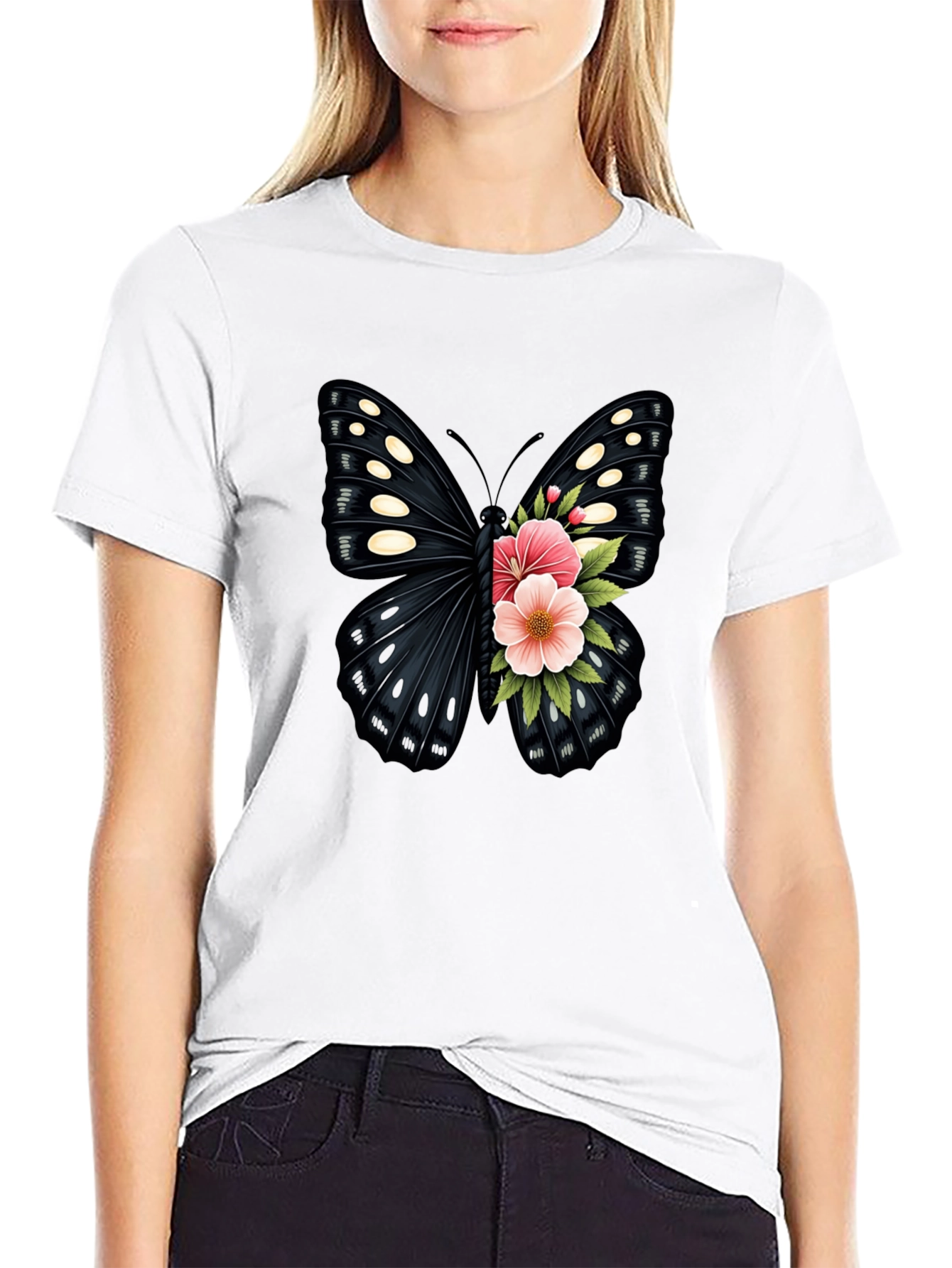 Butterfly Floral Print Black T-Shirt