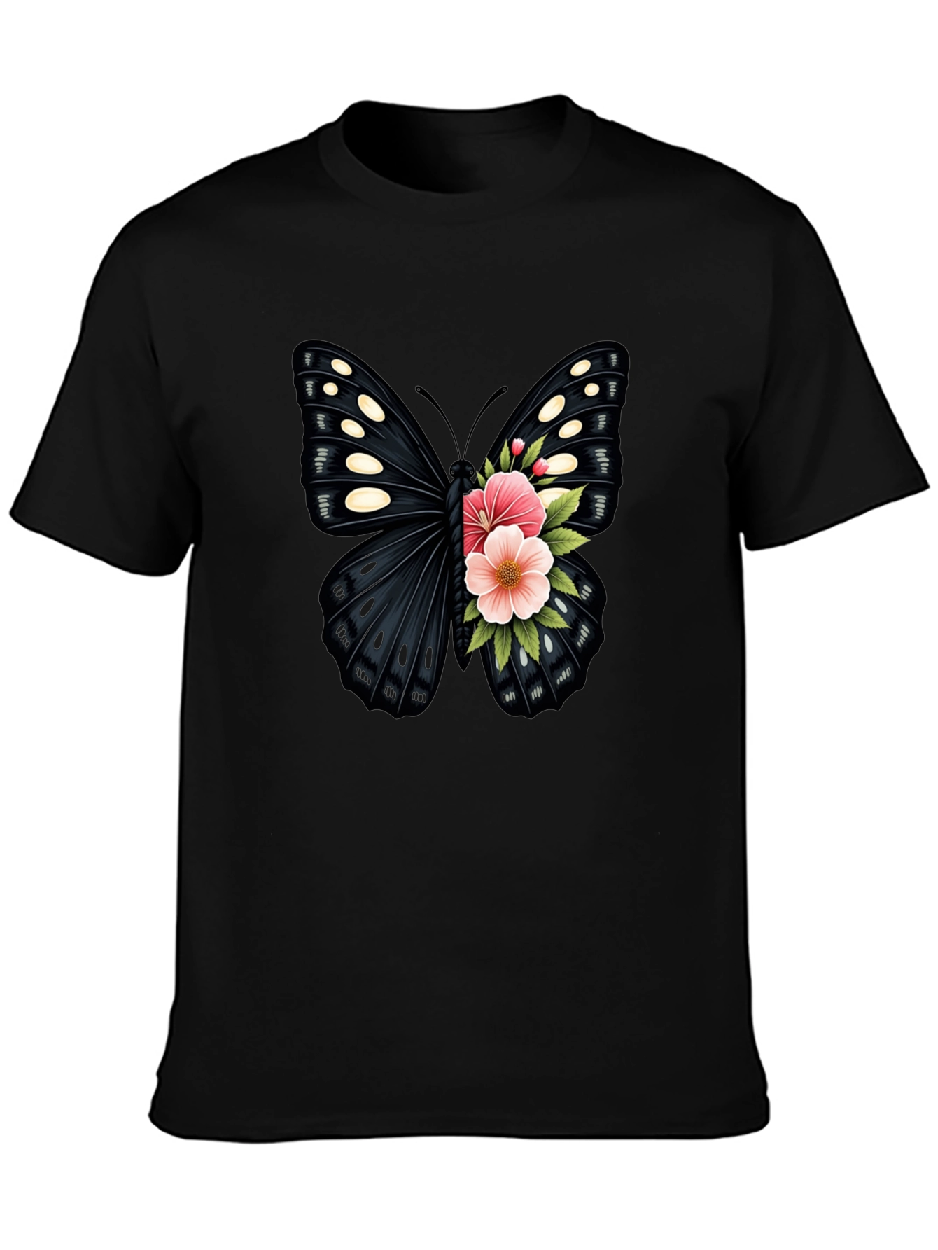 Butterfly Floral Print Black T-Shirt