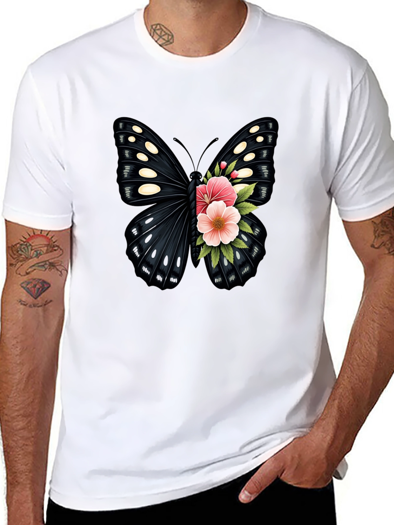Butterfly Floral Print Black T-Shirt