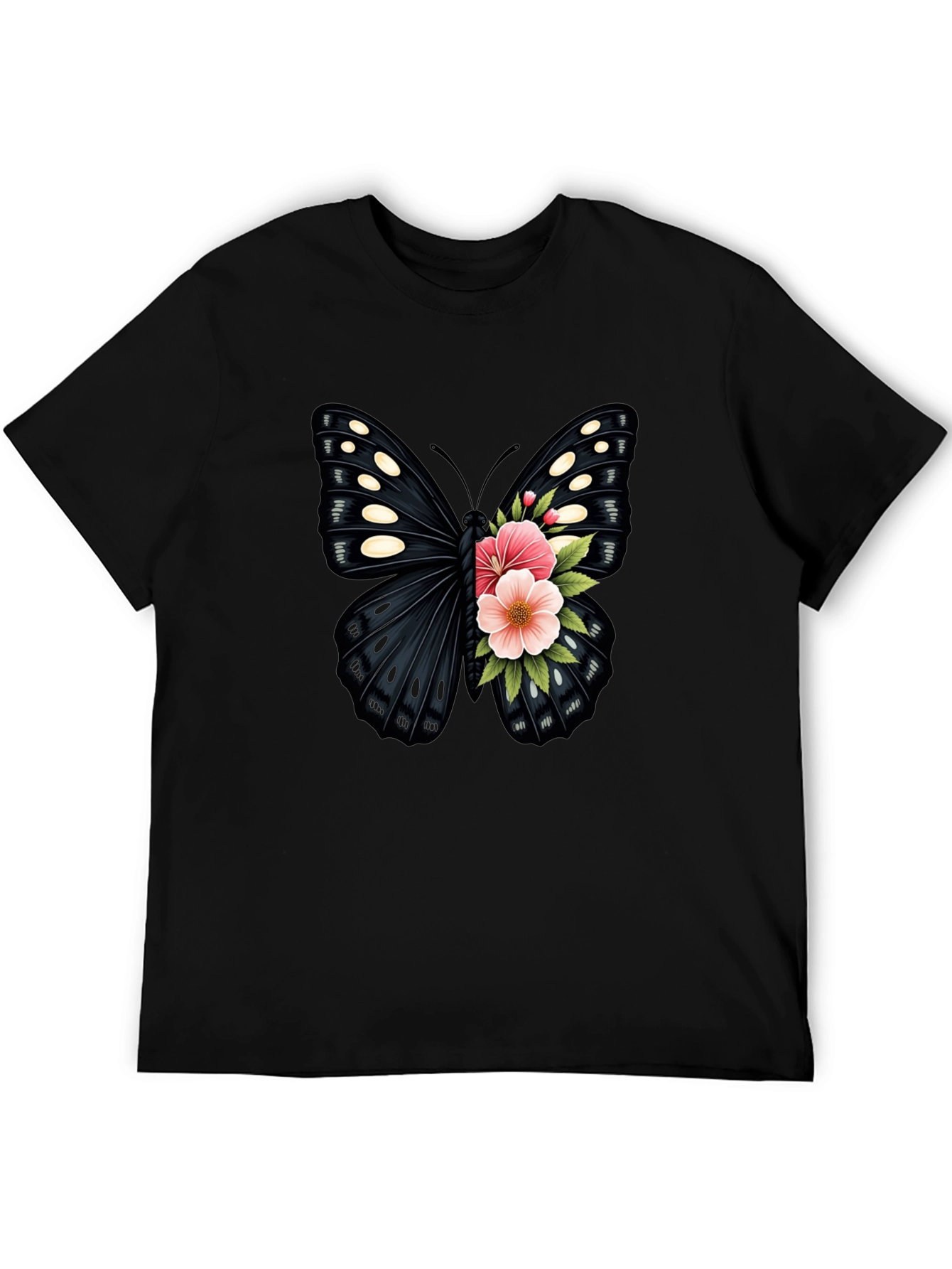 Butterfly Floral Print Black T-Shirt