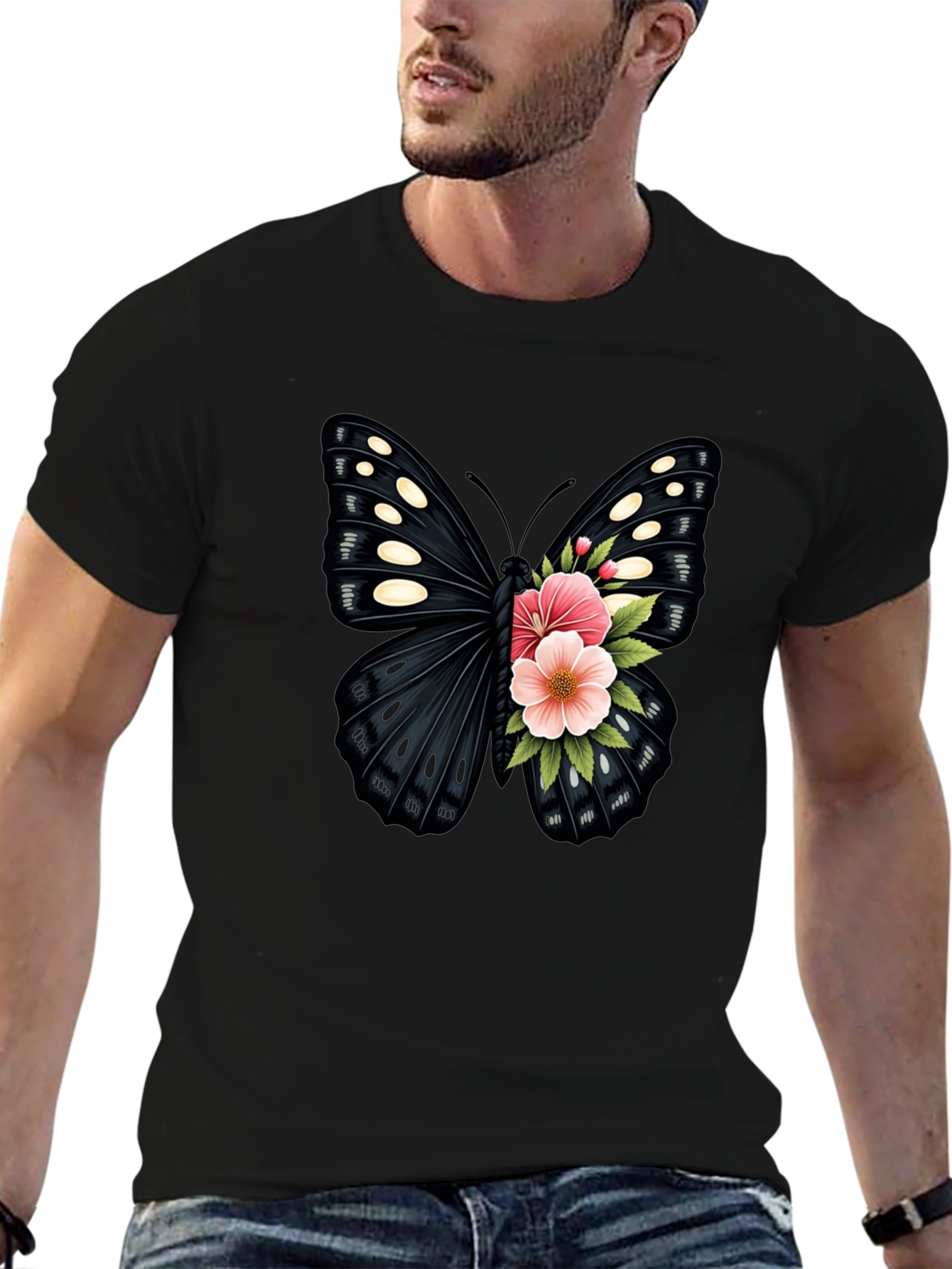 Butterfly Floral Print Black T-Shirt
