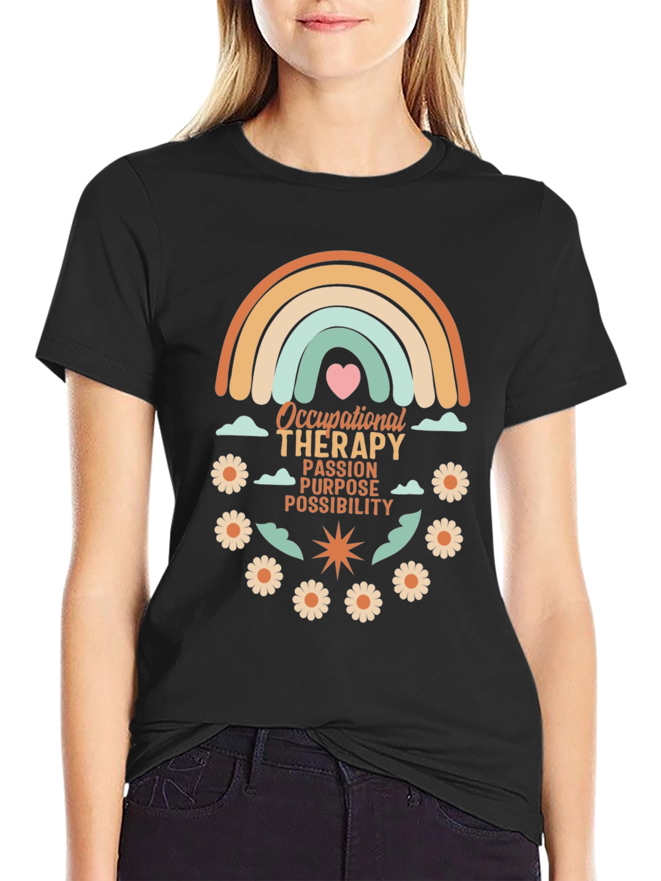 Occupational Therapy T-Shirt - Rainbow & Flowers Design