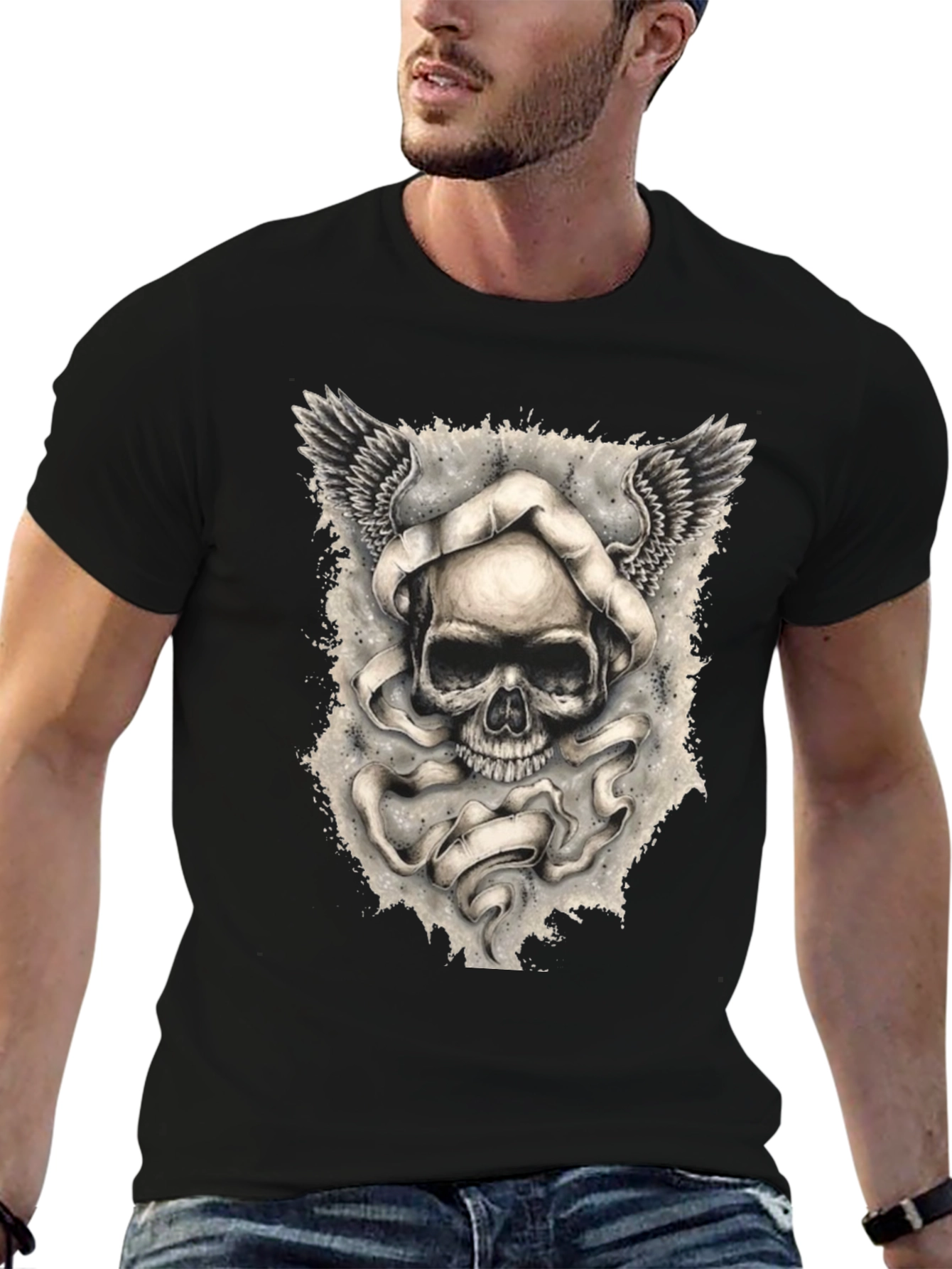 Skull with Wings Graphic Print Mens T-Shirt