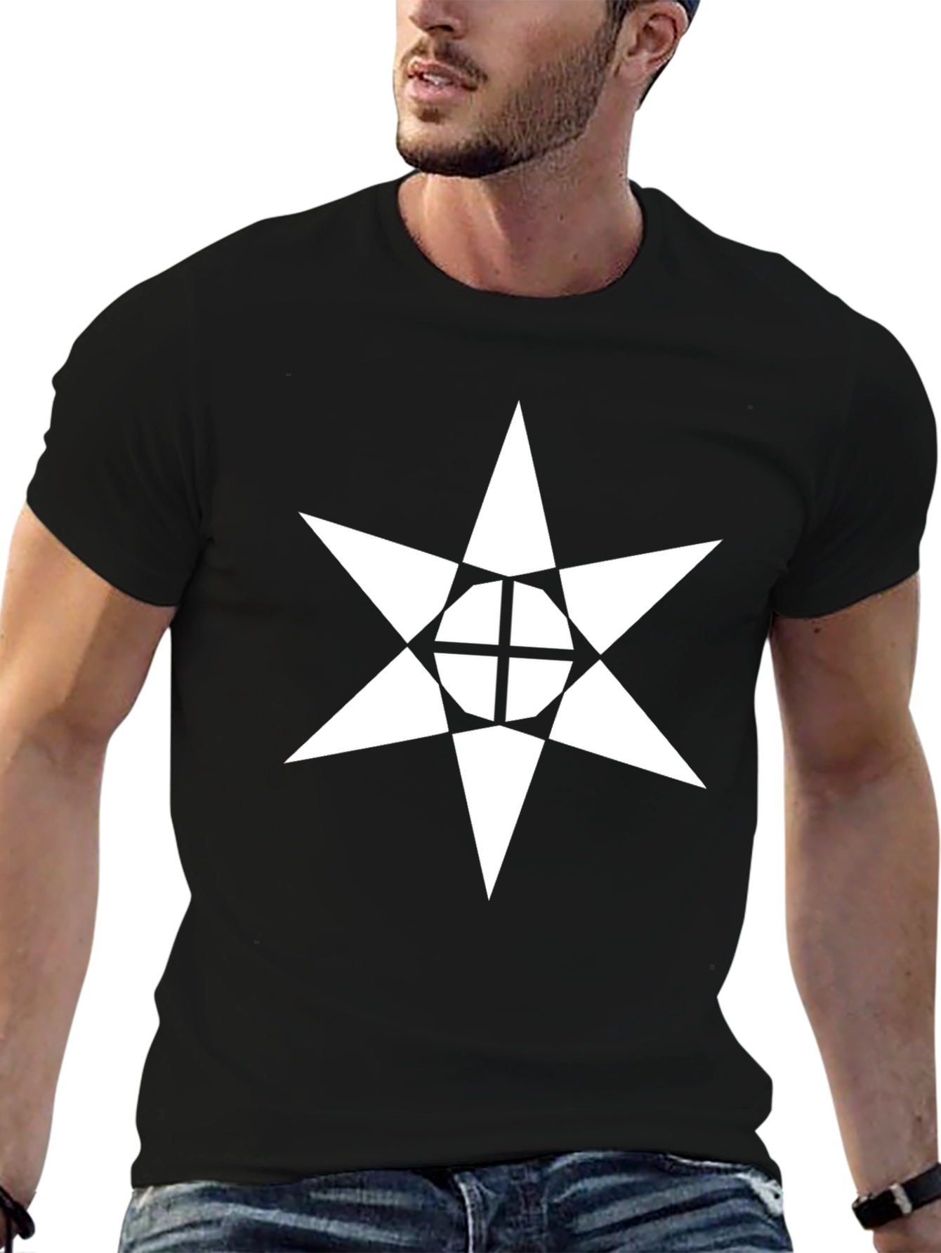 Geometric Star Design Black Cotton Tee