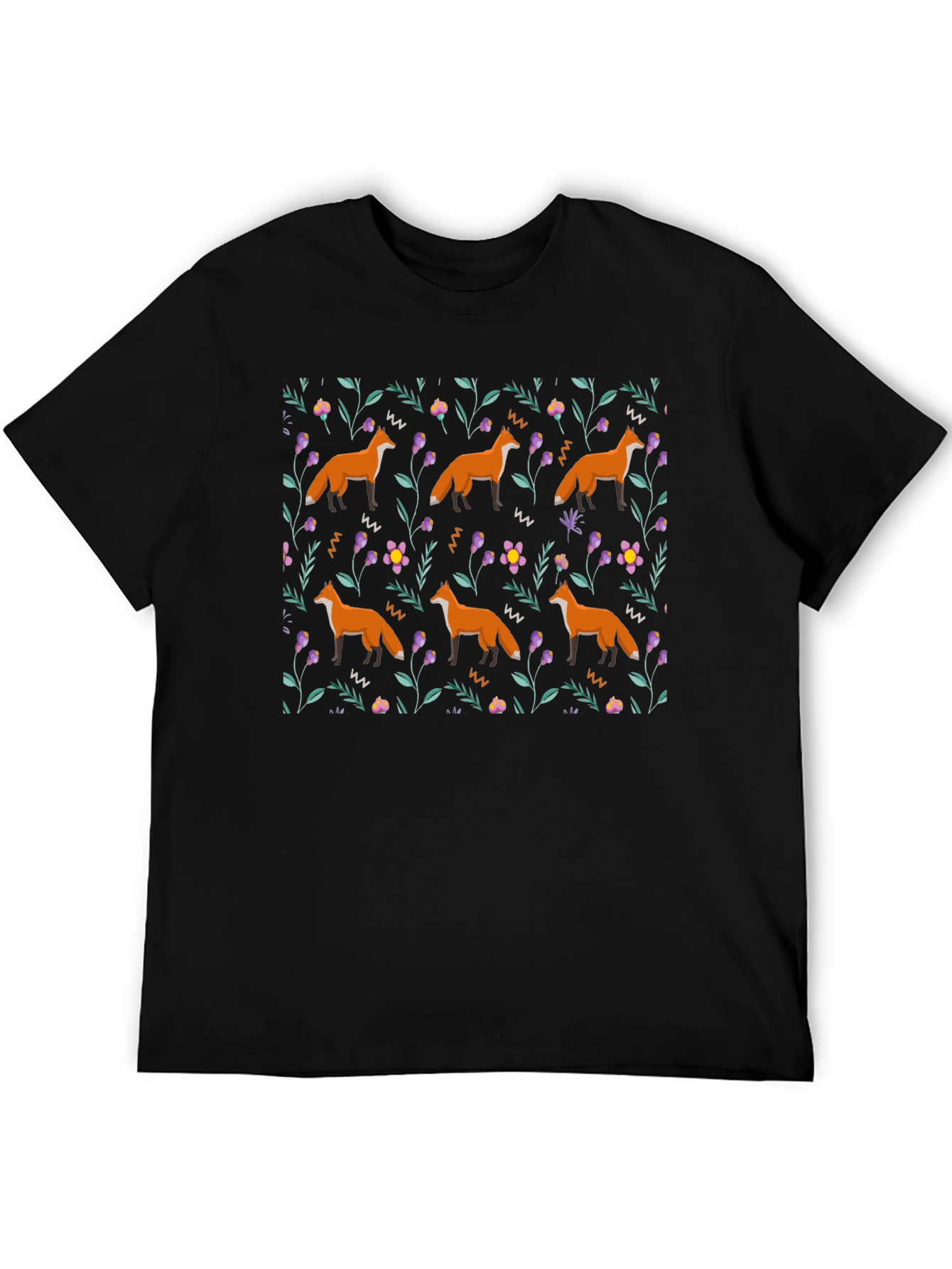Fox Floral Pattern Black T-Shirt