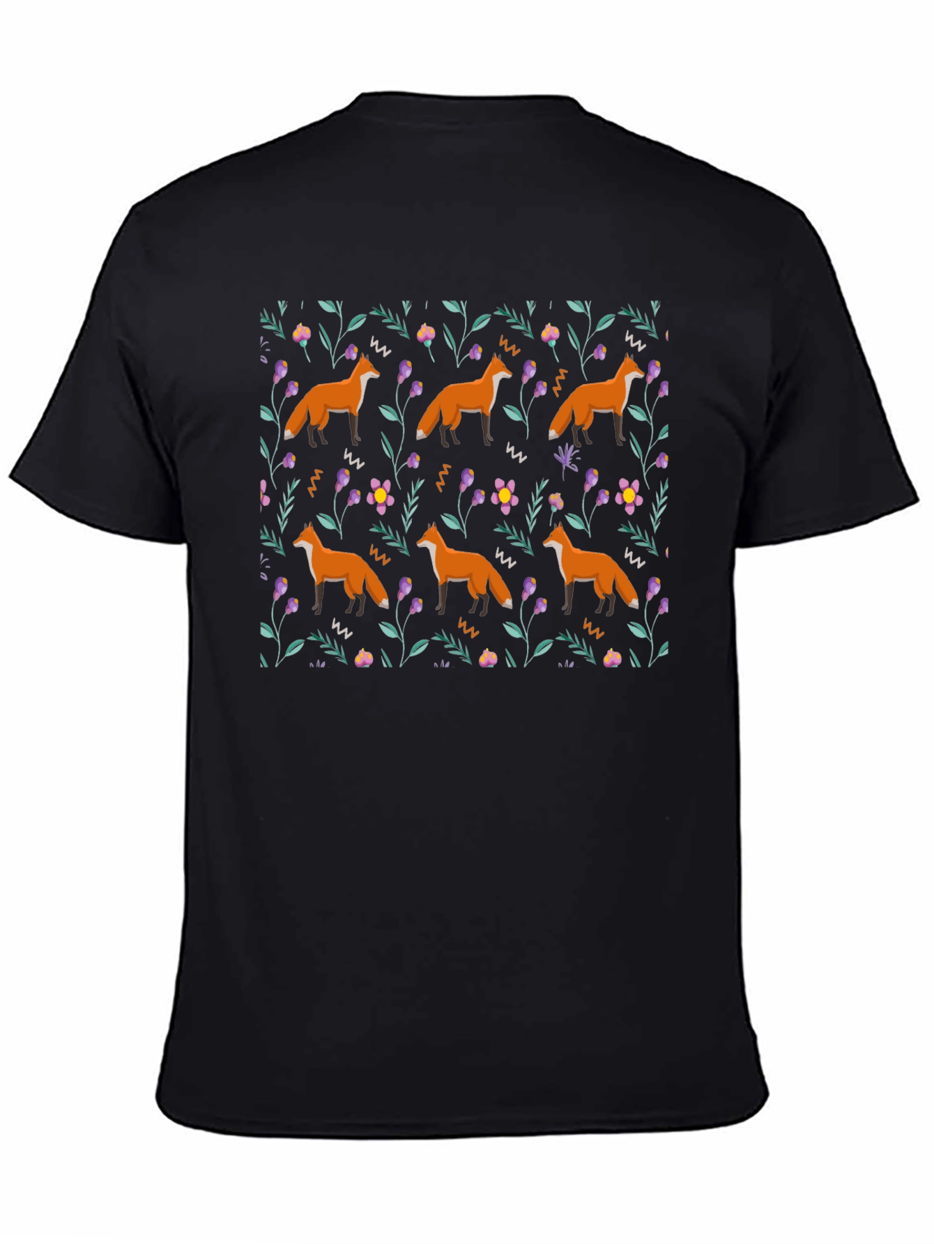 Fox Floral Pattern Black T-Shirt