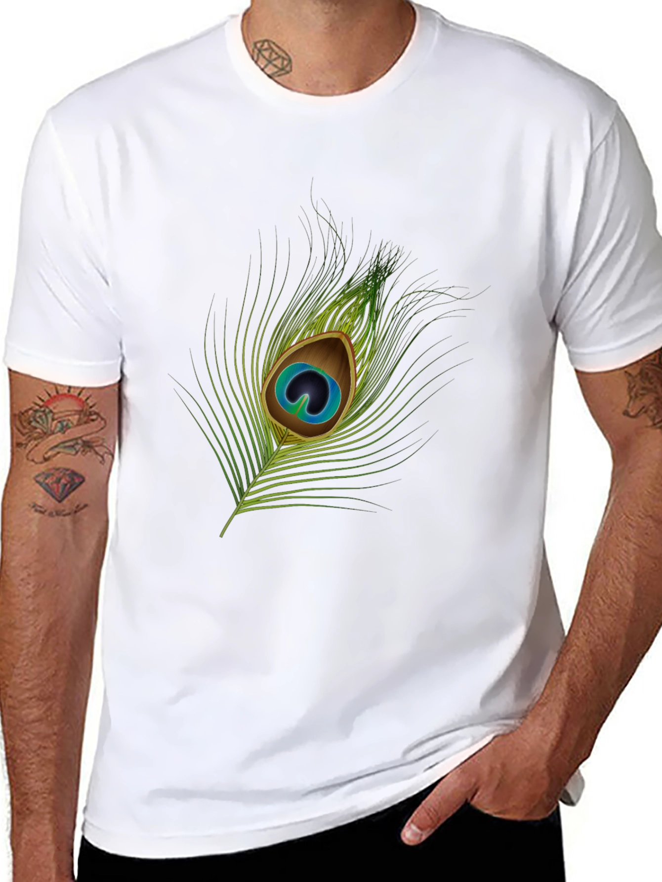 Peacock Feather Graphic Tee - Stylish Black T-Shirt