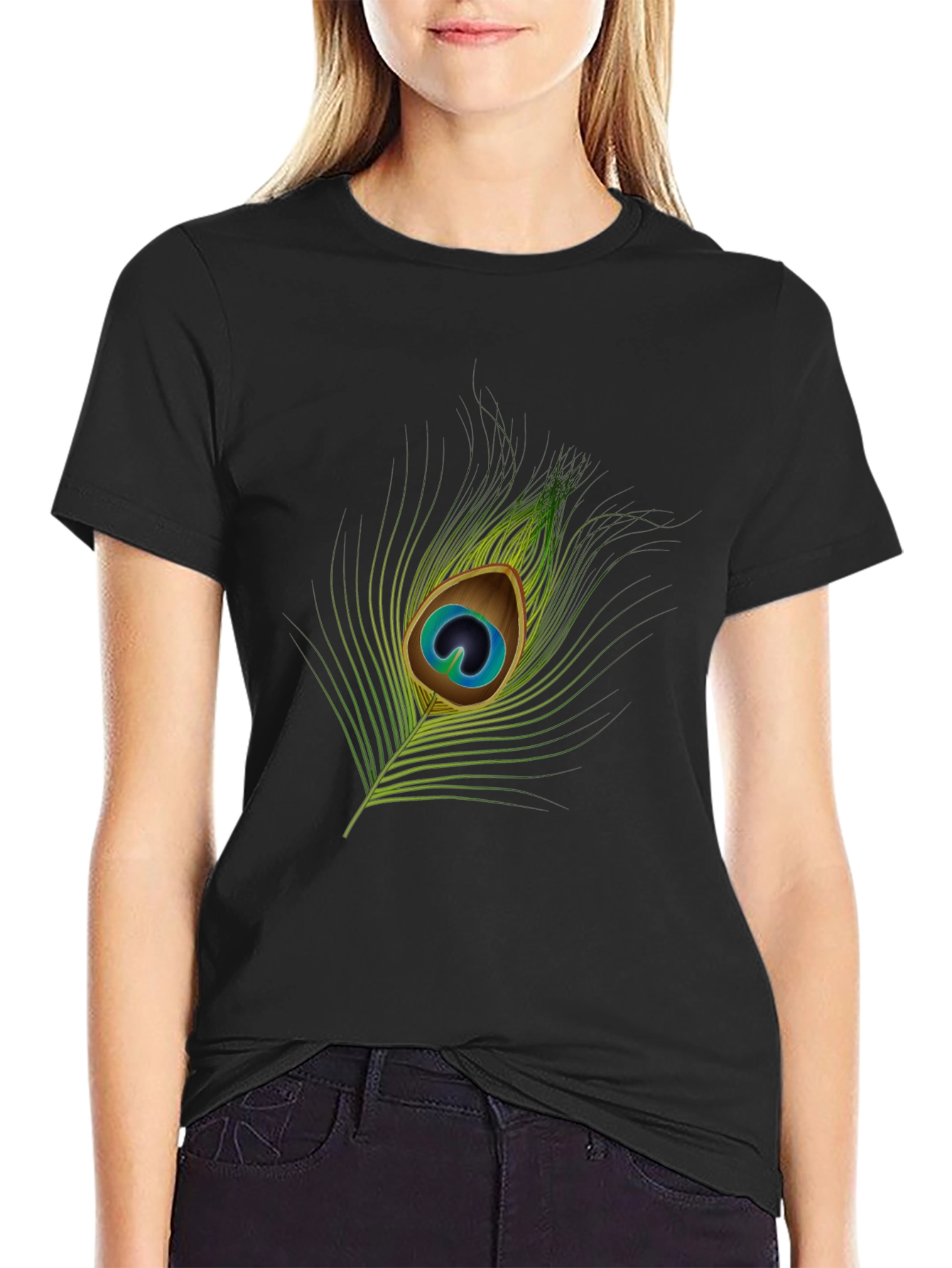 Peacock Feather Graphic Tee - Stylish Black T-Shirt
