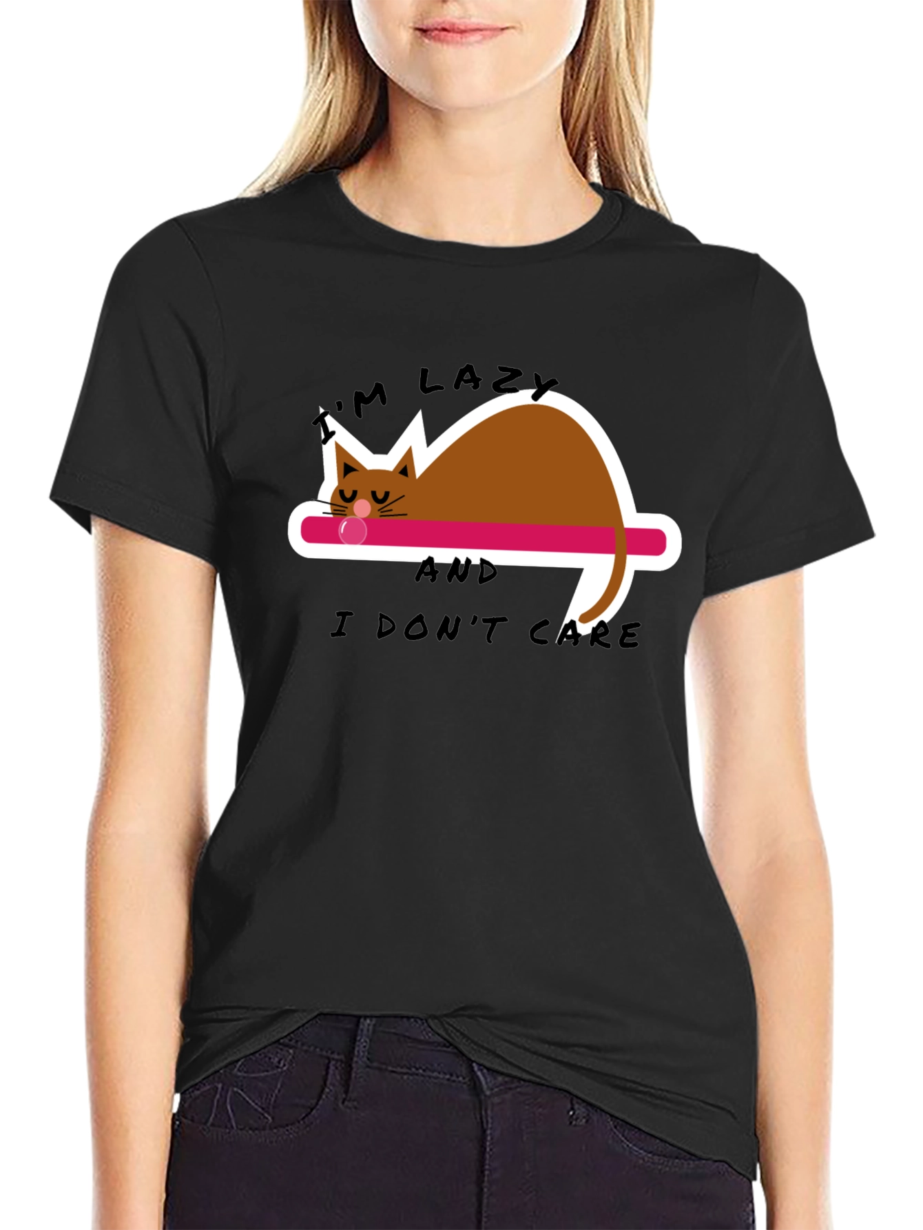 Lazy Cat Graphic Tee - Black Cotton Comfort