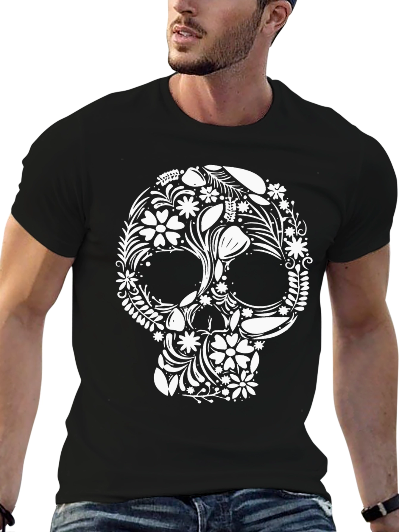 Floral Skull Graphic Black T-Shirt