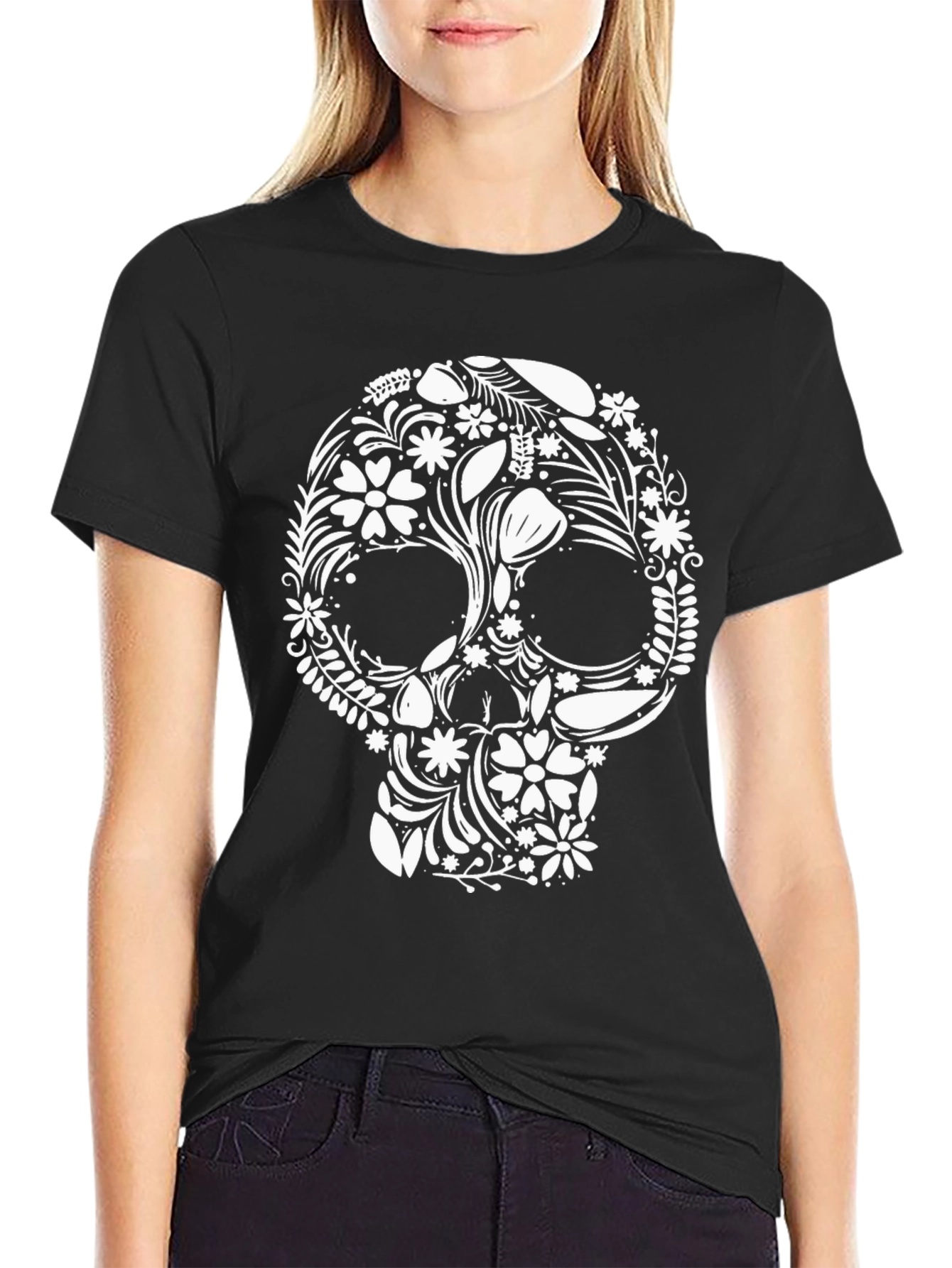 Floral Skull Graphic Black T-Shirt