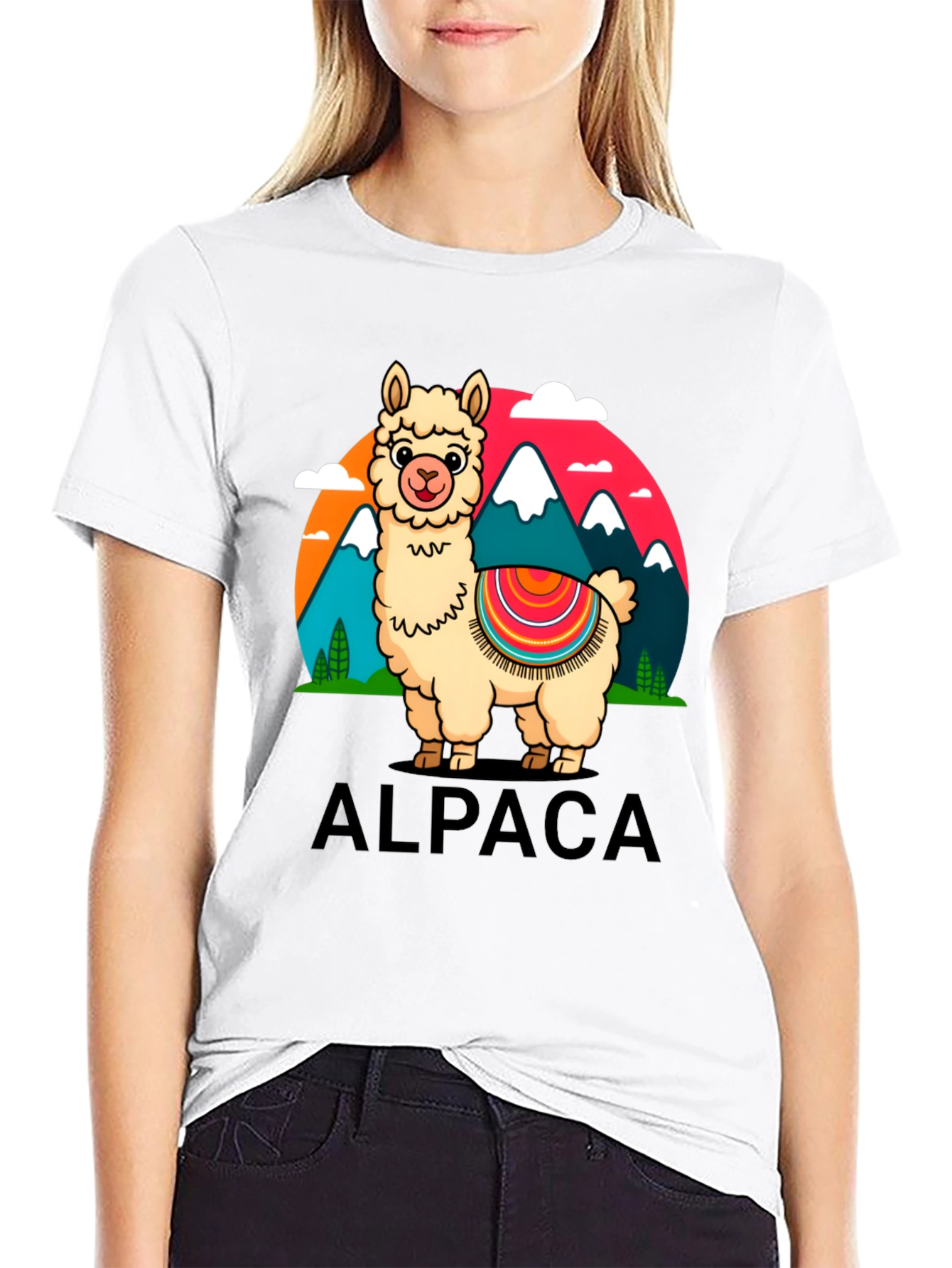 Alpaca Cartoon Graphic Tee - Black Cotton T-Shirt