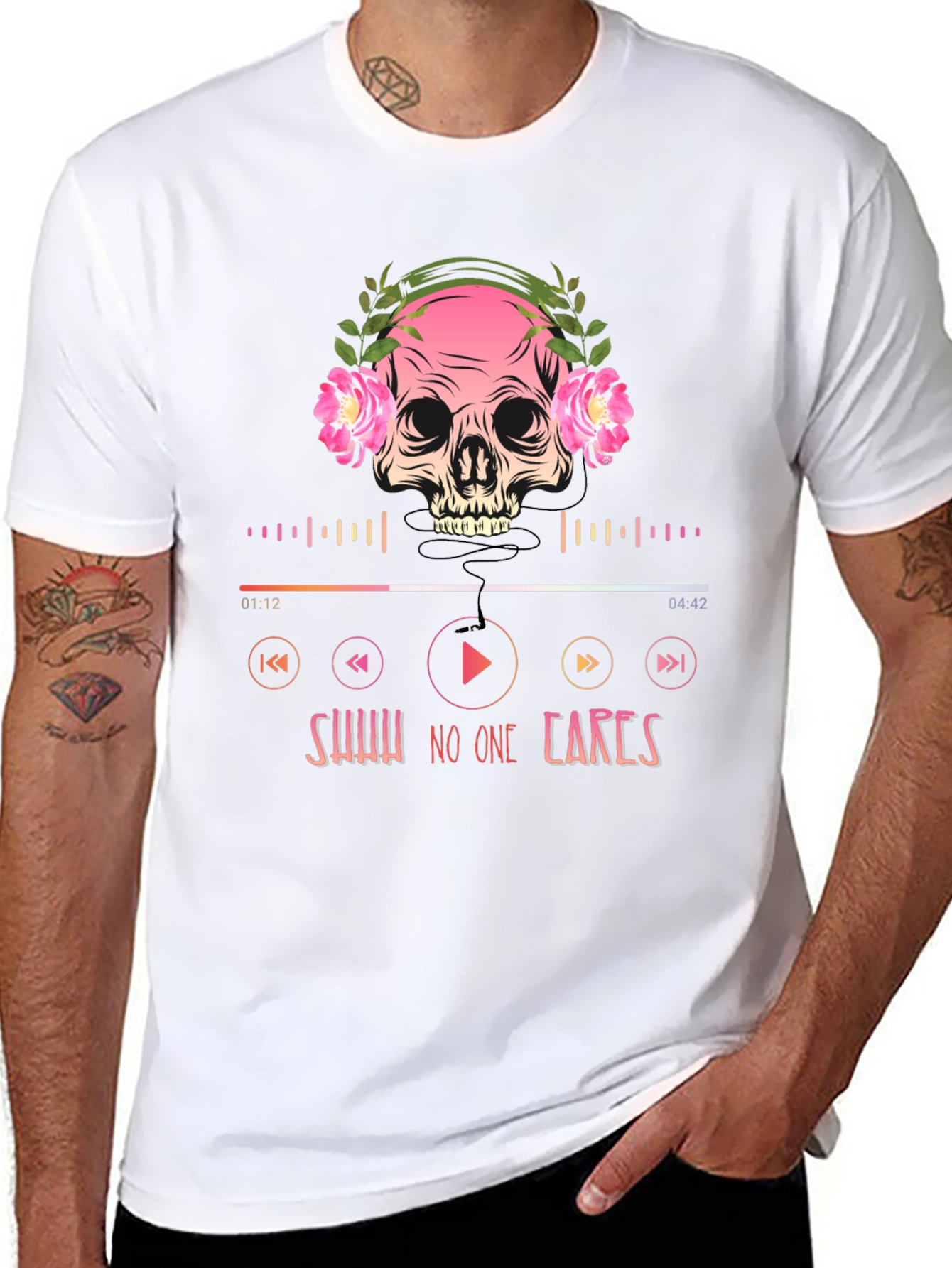 Skull Headphones T-Shirt - Shhh No One Cares