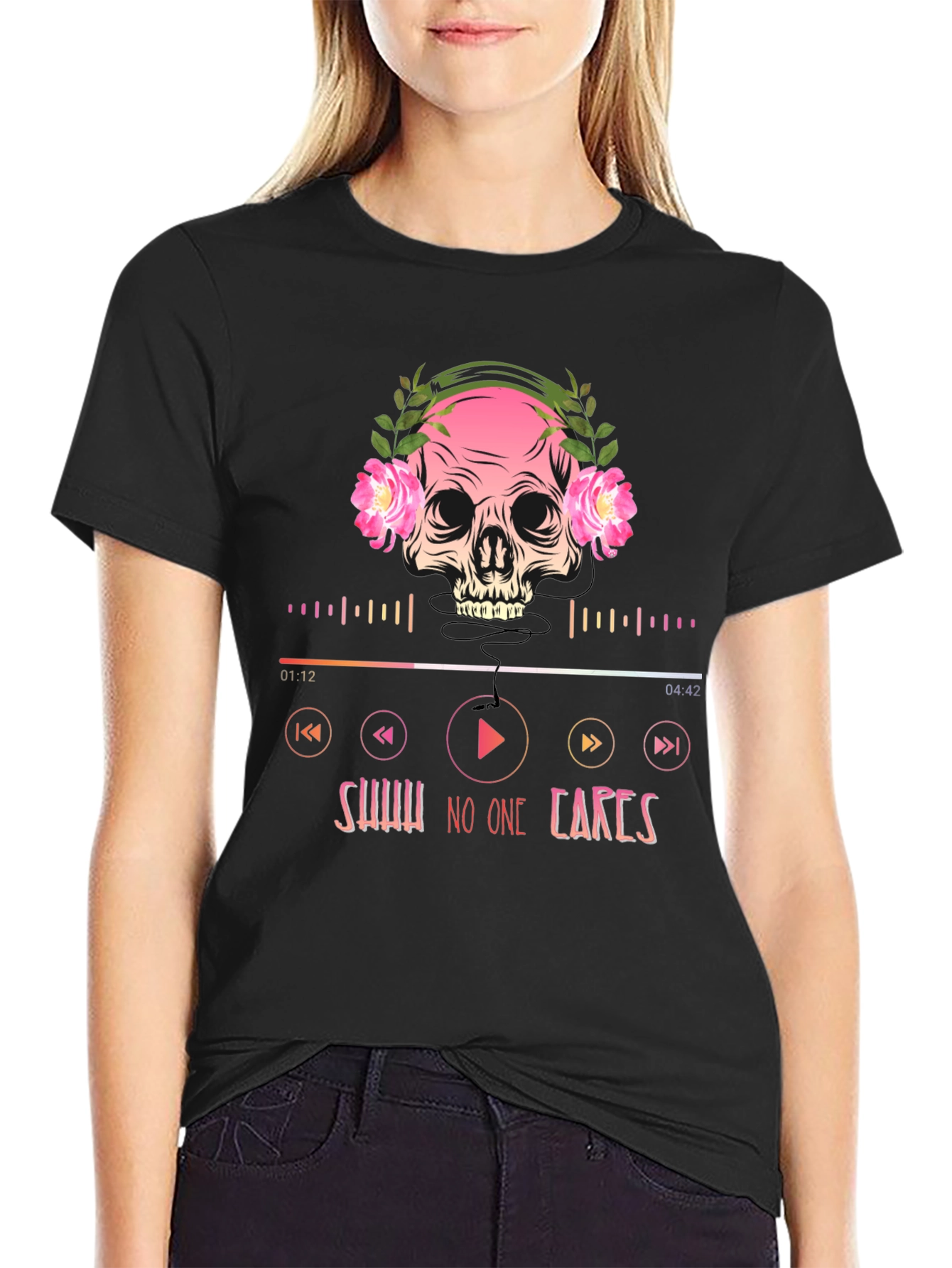 Skull Headphones T-Shirt - Shhh No One Cares