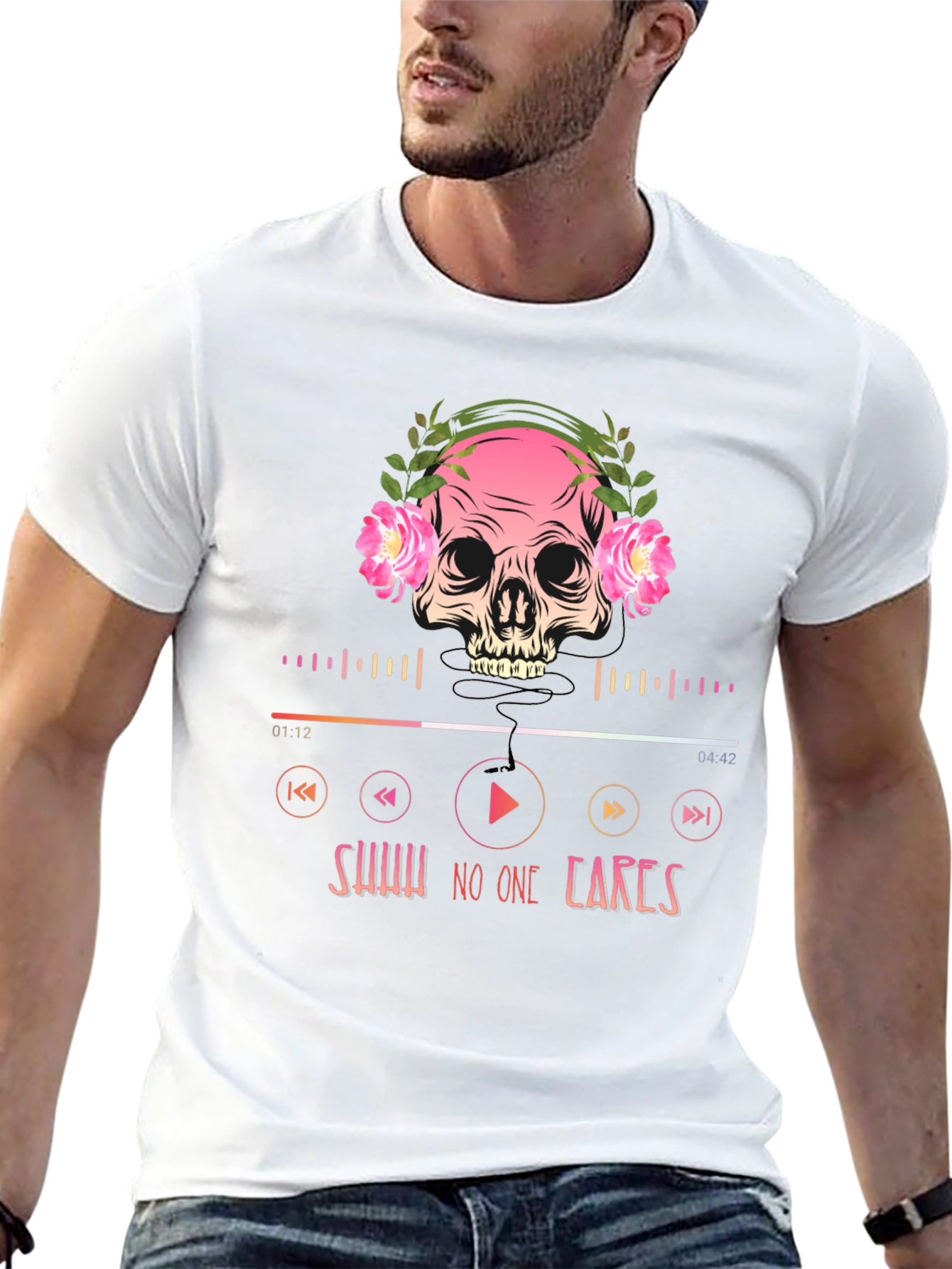 Skull Headphones T-Shirt - Shhh No One Cares