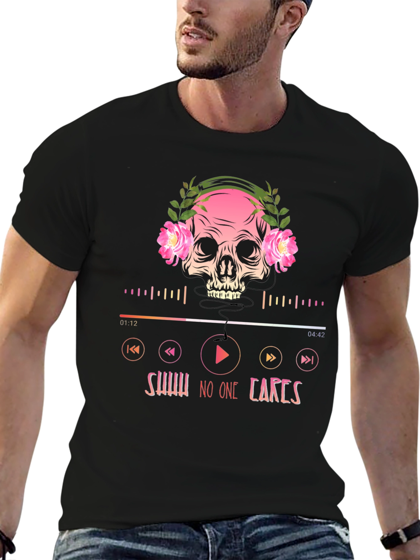 Skull Headphones T-Shirt - Shhh No One Cares