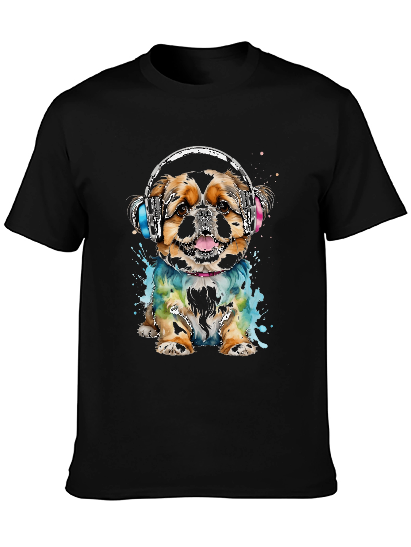 Dog with Headphones Graphic Tee - Black Cotton T-Shirt