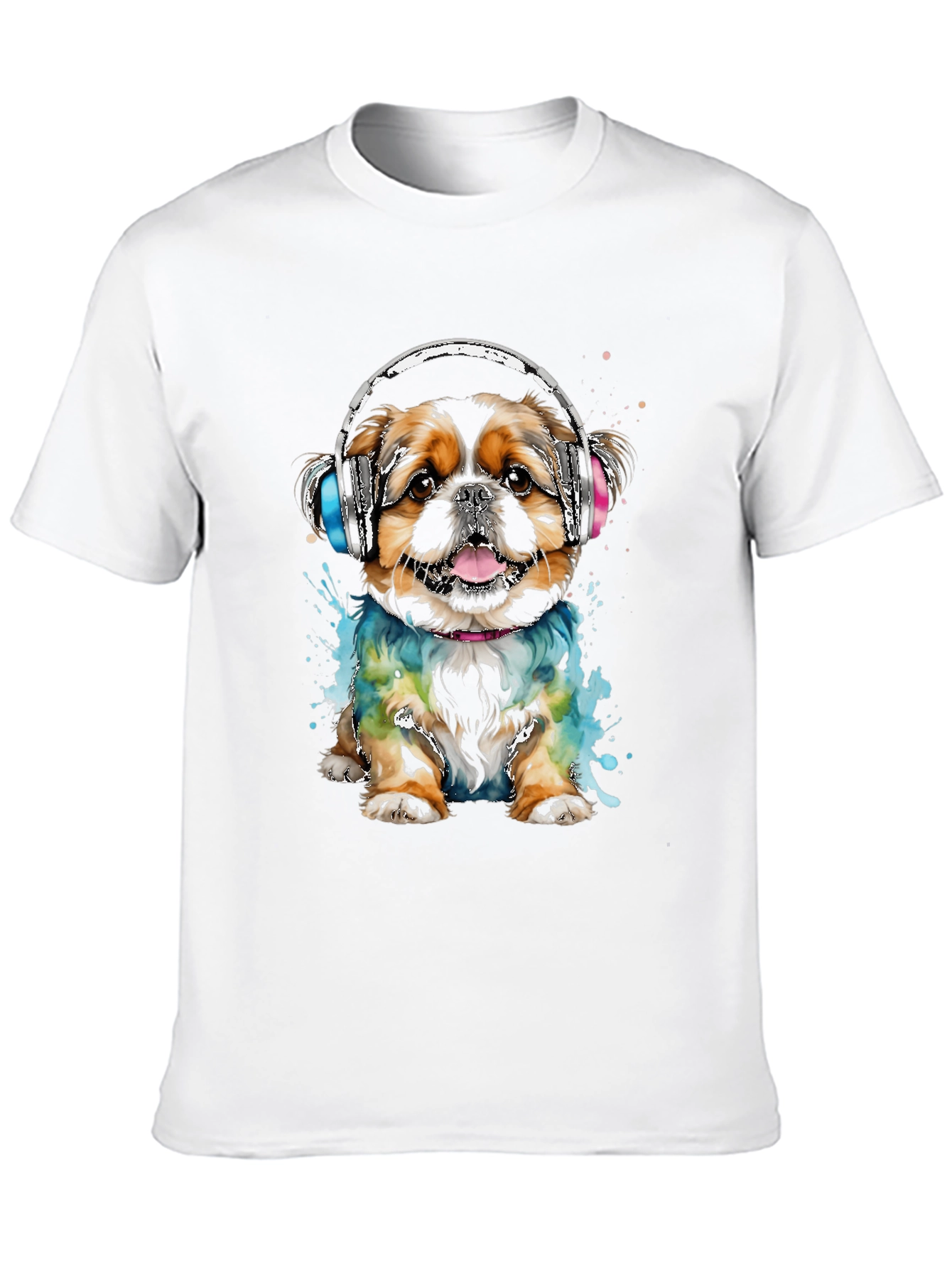 Dog with Headphones Graphic Tee - Black Cotton T-Shirt