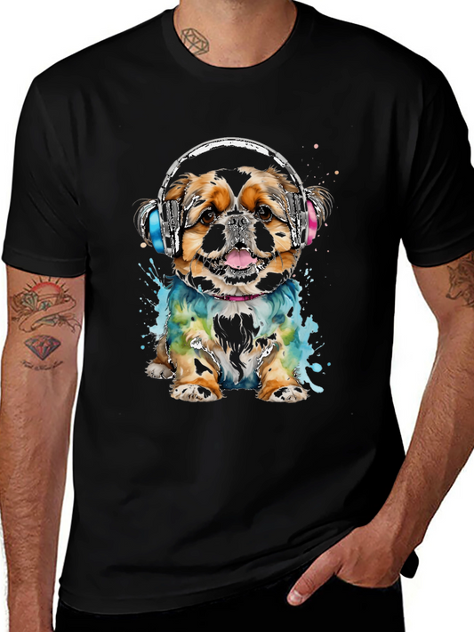 Dog with Headphones Graphic Tee - Black Cotton T-Shirt
