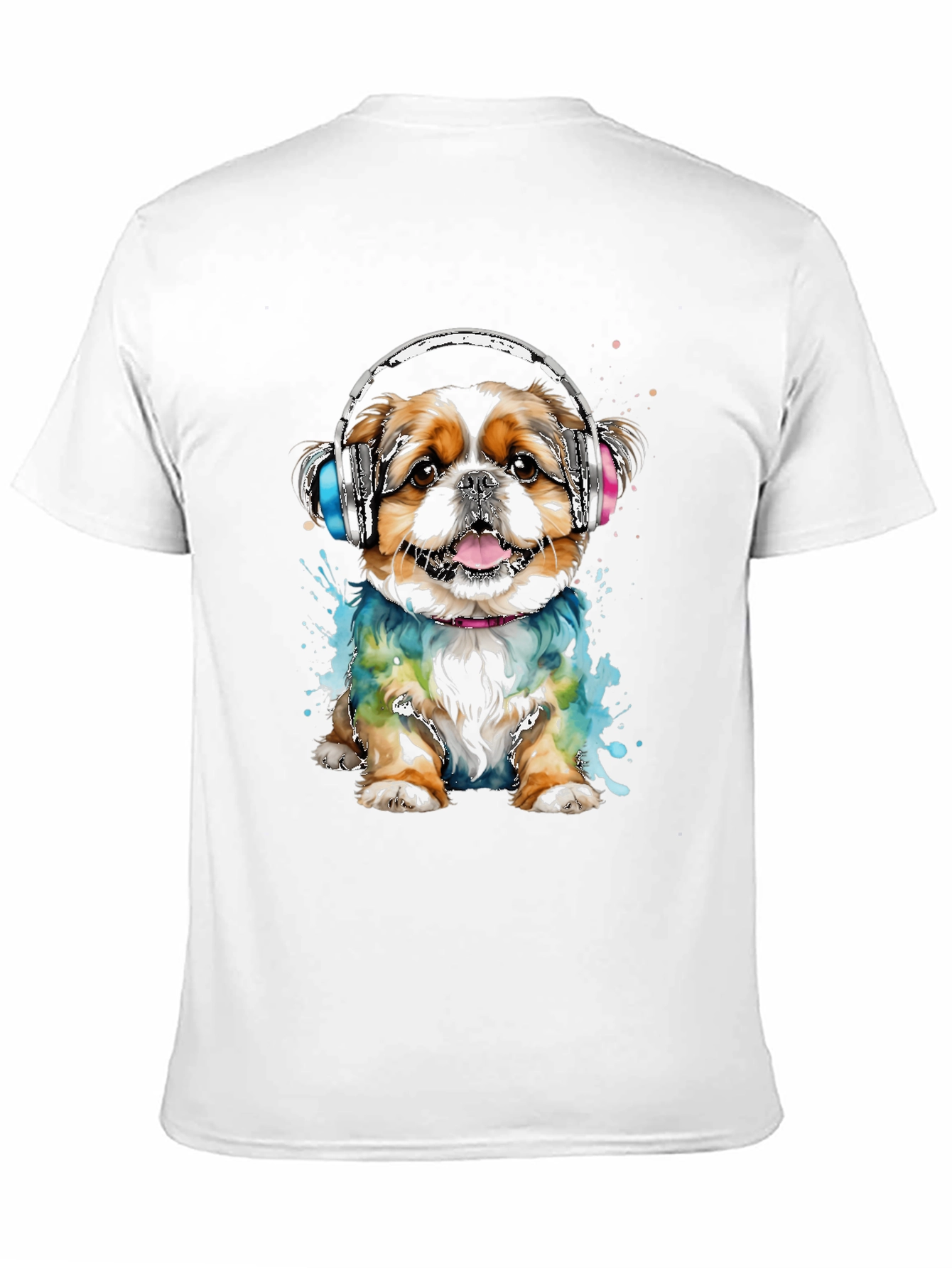 Dog with Headphones Graphic Tee - Black Cotton T-Shirt