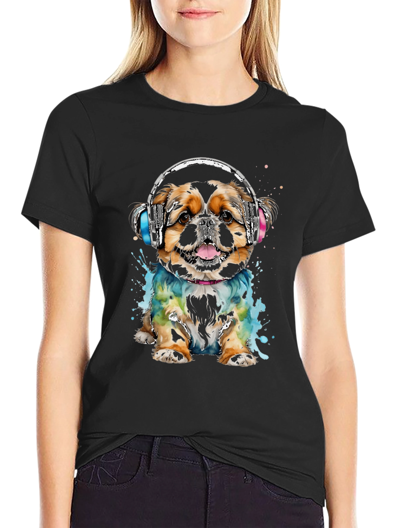 Dog with Headphones Graphic Tee - Black Cotton T-Shirt