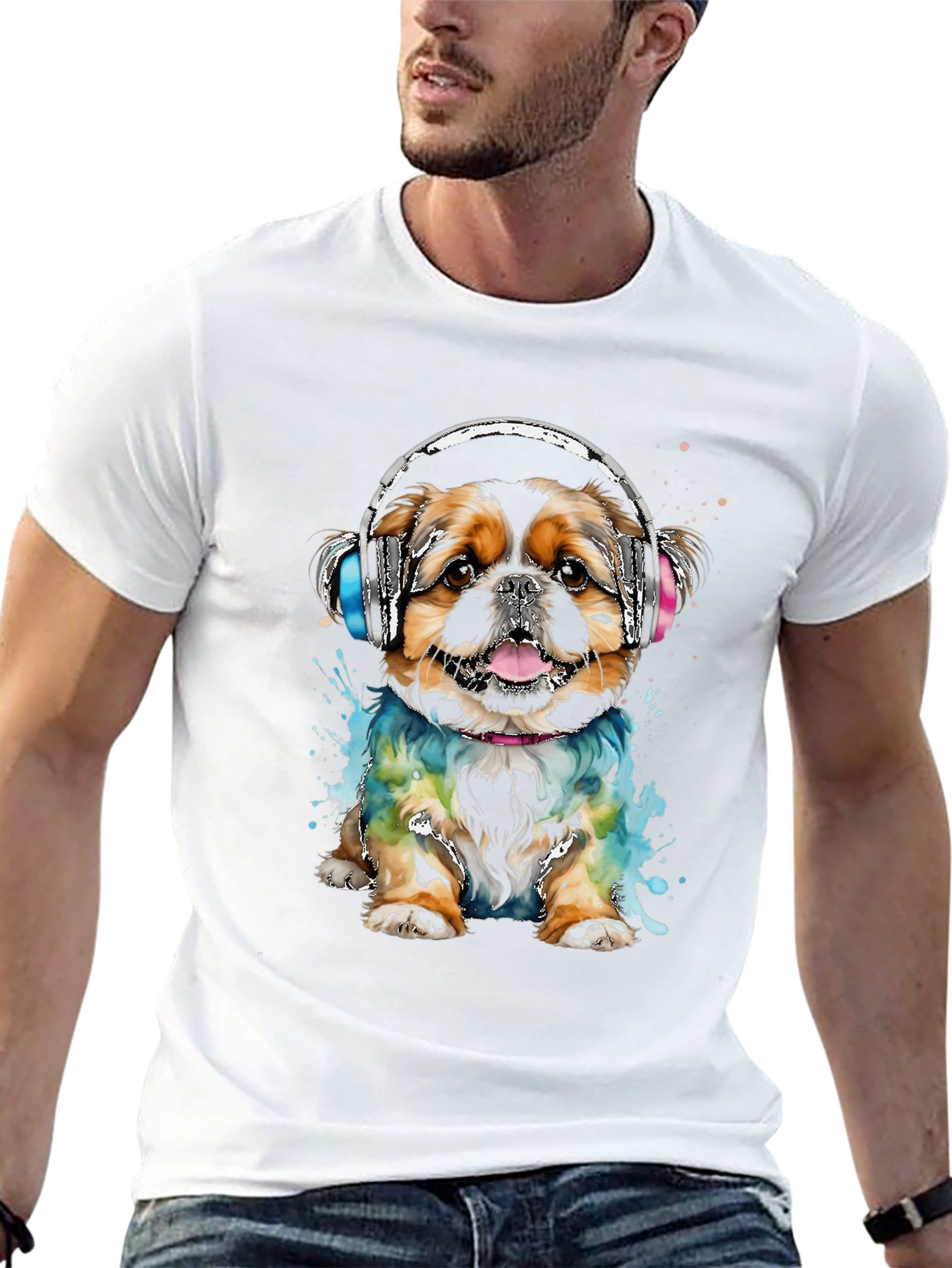 Dog with Headphones Graphic Tee - Black Cotton T-Shirt