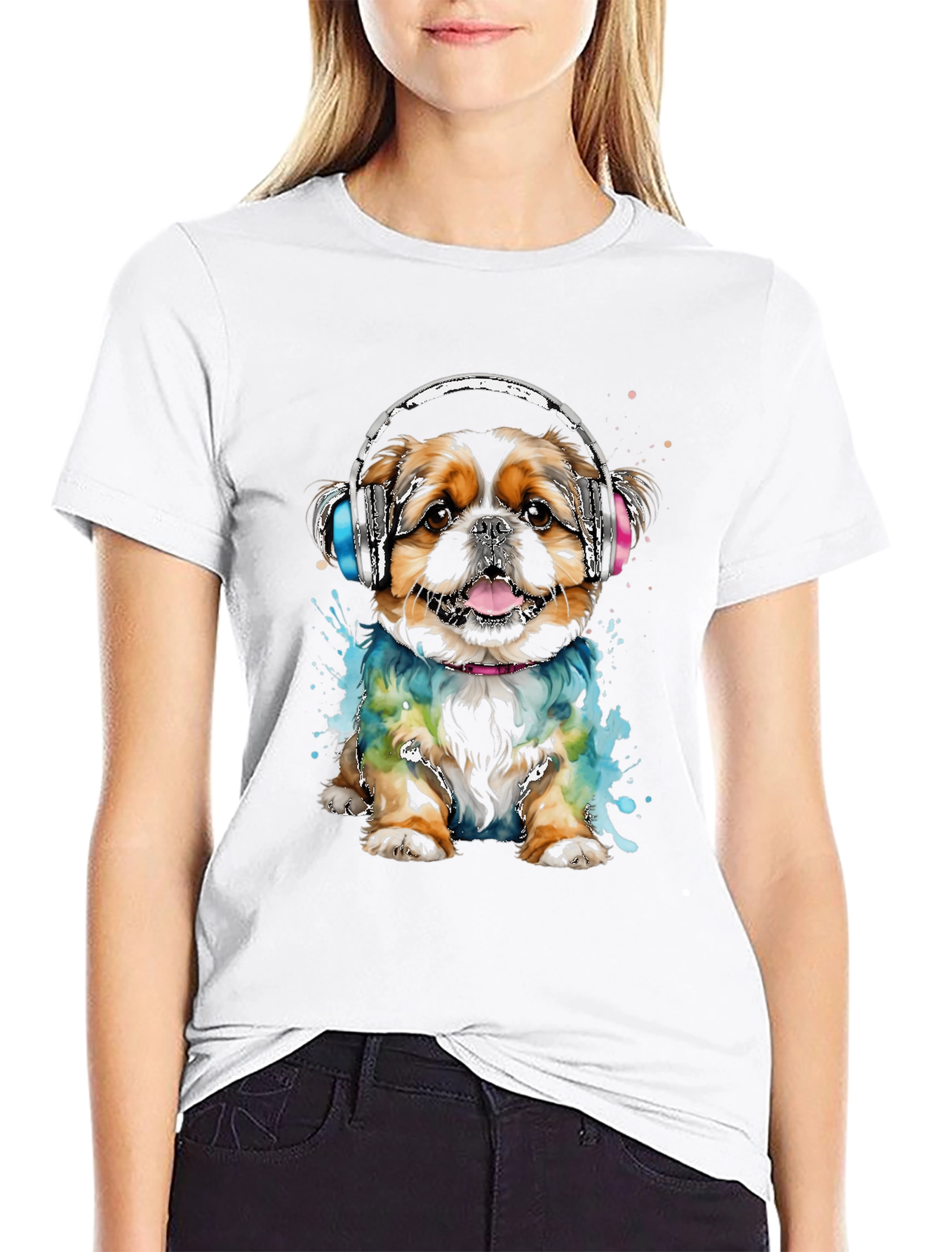 Dog with Headphones Graphic Tee - Black Cotton T-Shirt