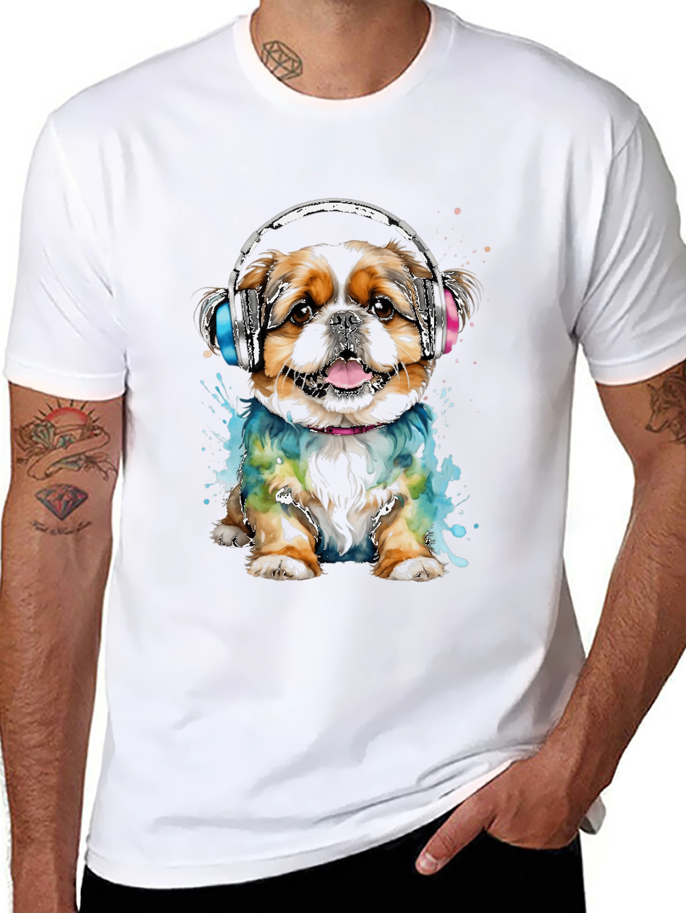 Dog with Headphones Graphic Tee - Black Cotton T-Shirt