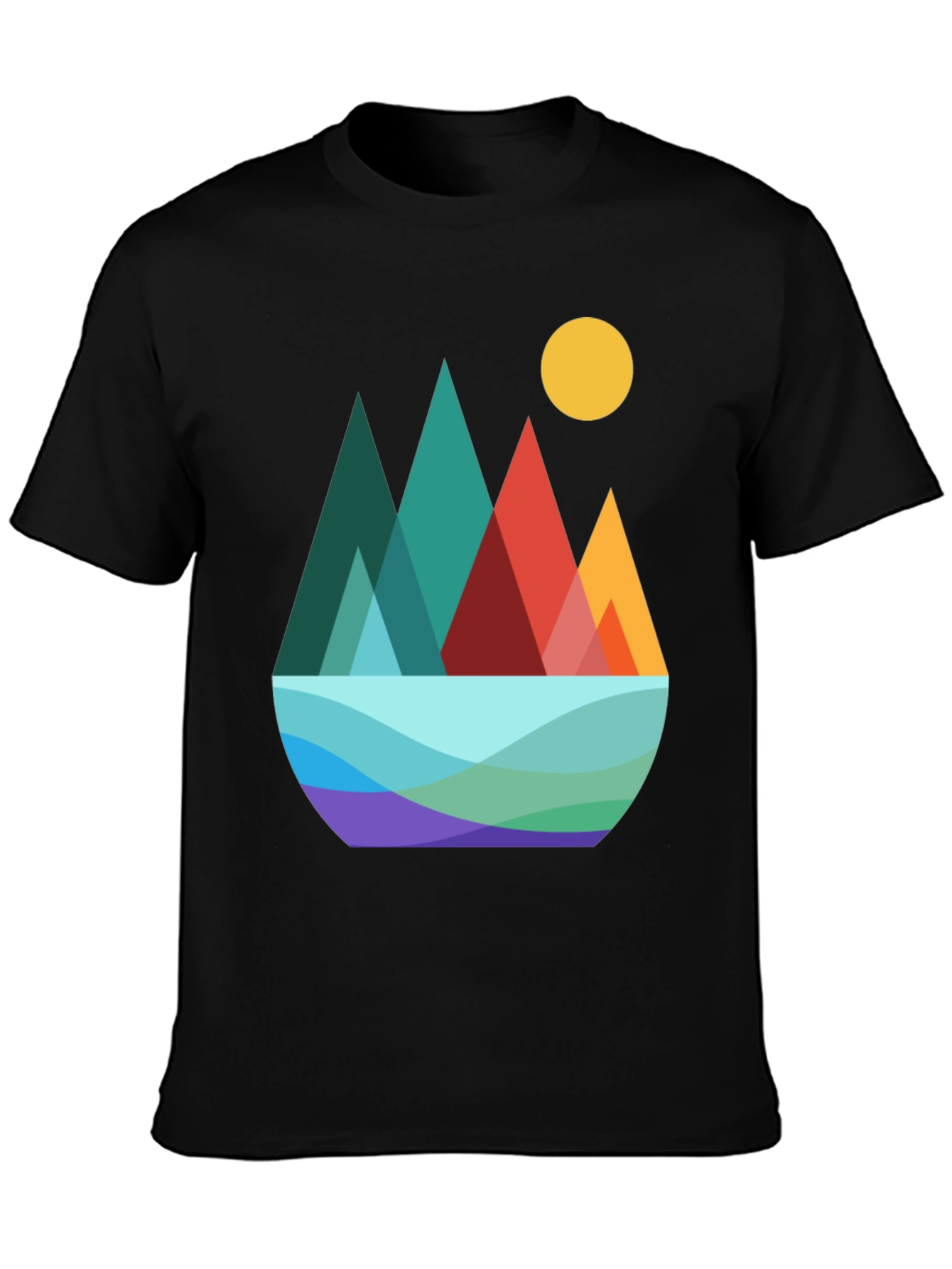 Geometric Mountain Scene Graphic Tee - Black