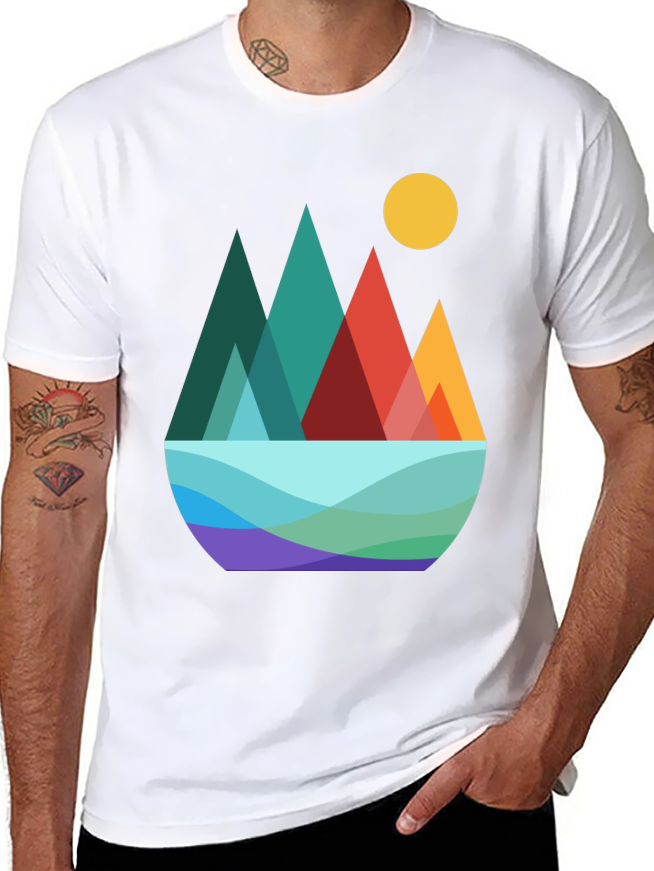 Geometric Mountain Scene Graphic Tee - Black
