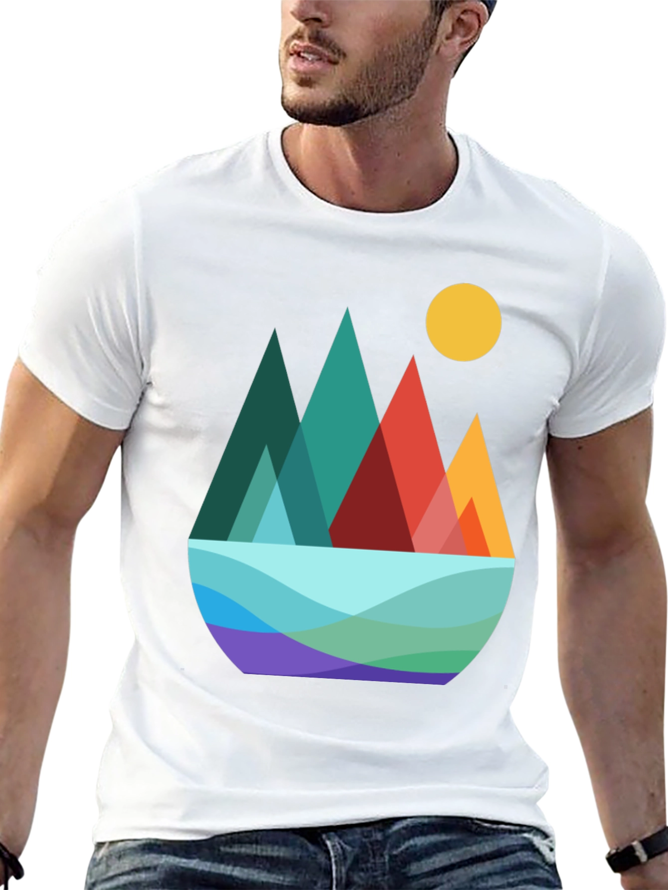 Geometric Mountain Scene Graphic Tee - Black