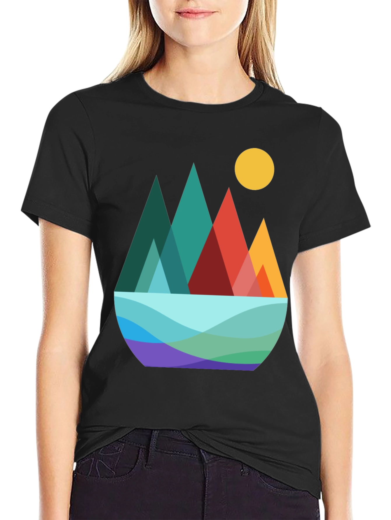 Geometric Mountain Scene Graphic Tee - Black