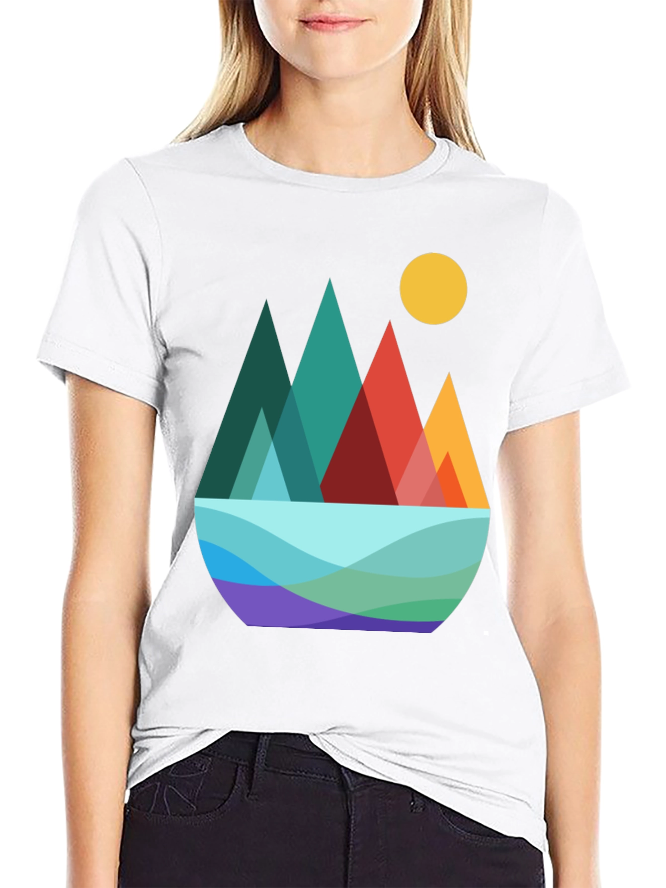 Geometric Mountain Scene Graphic Tee - Black