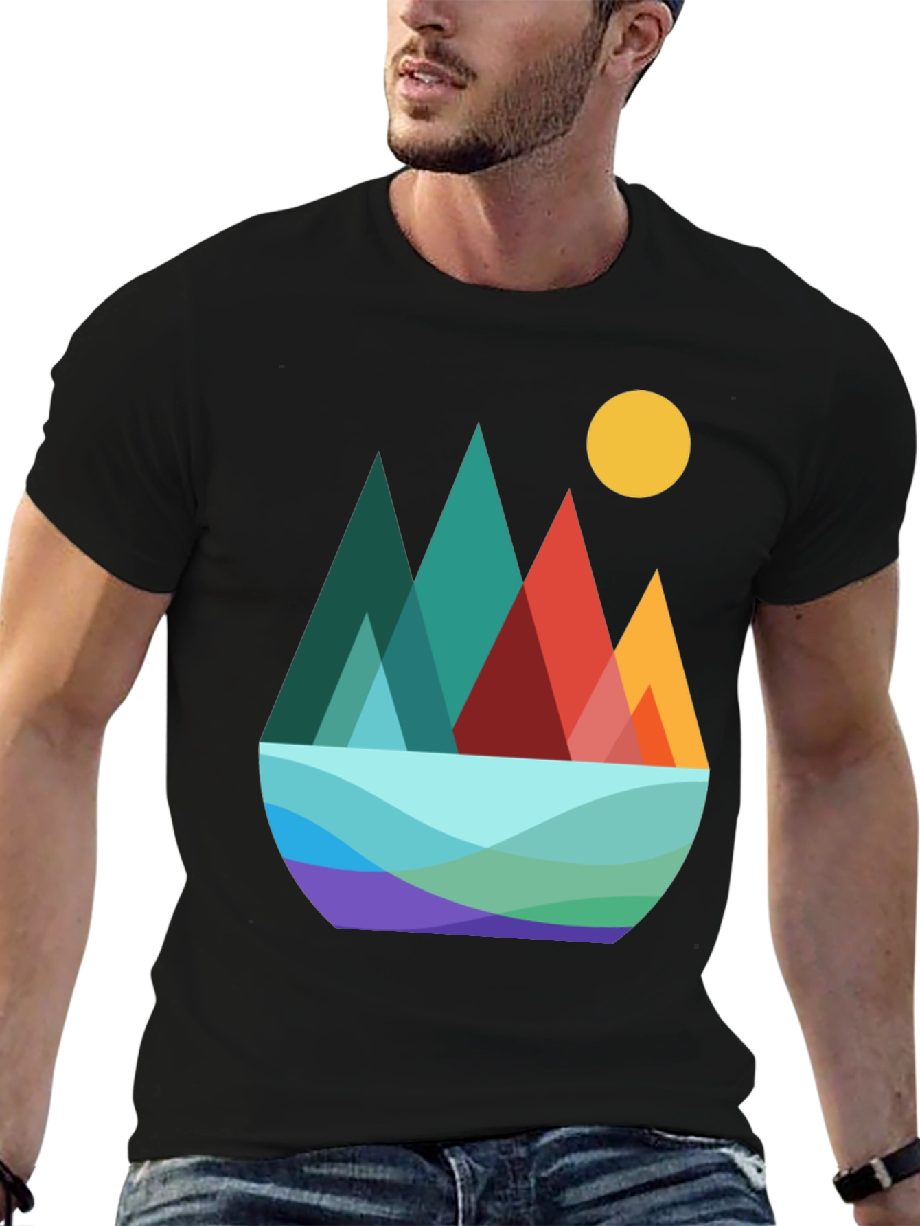 Geometric Mountain Scene Graphic Tee - Black
