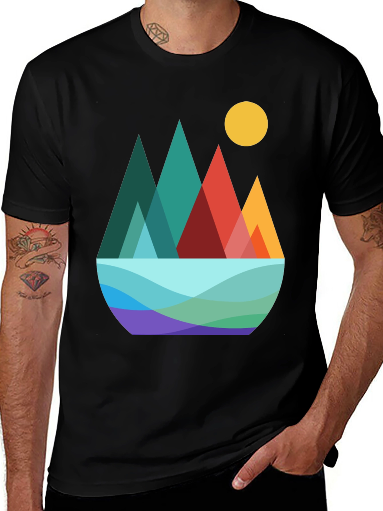 Geometric Mountain Scene Graphic Tee - Black