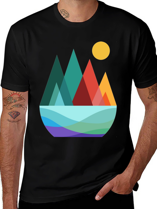 Geometric Mountain Scene Graphic Tee - Black