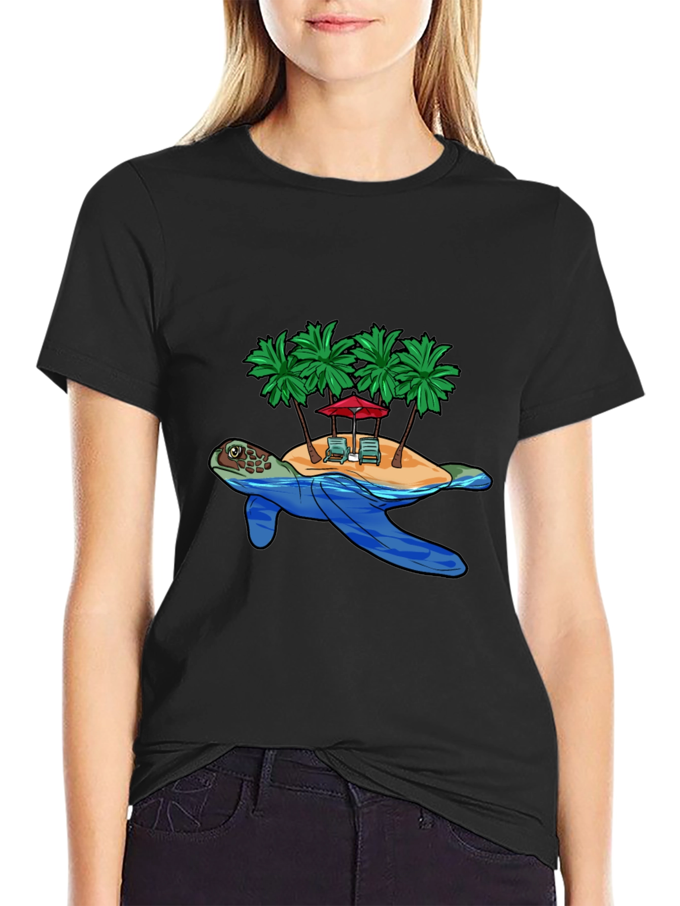 Island Turtle Graphic Tee - Black Cotton T-Shirt