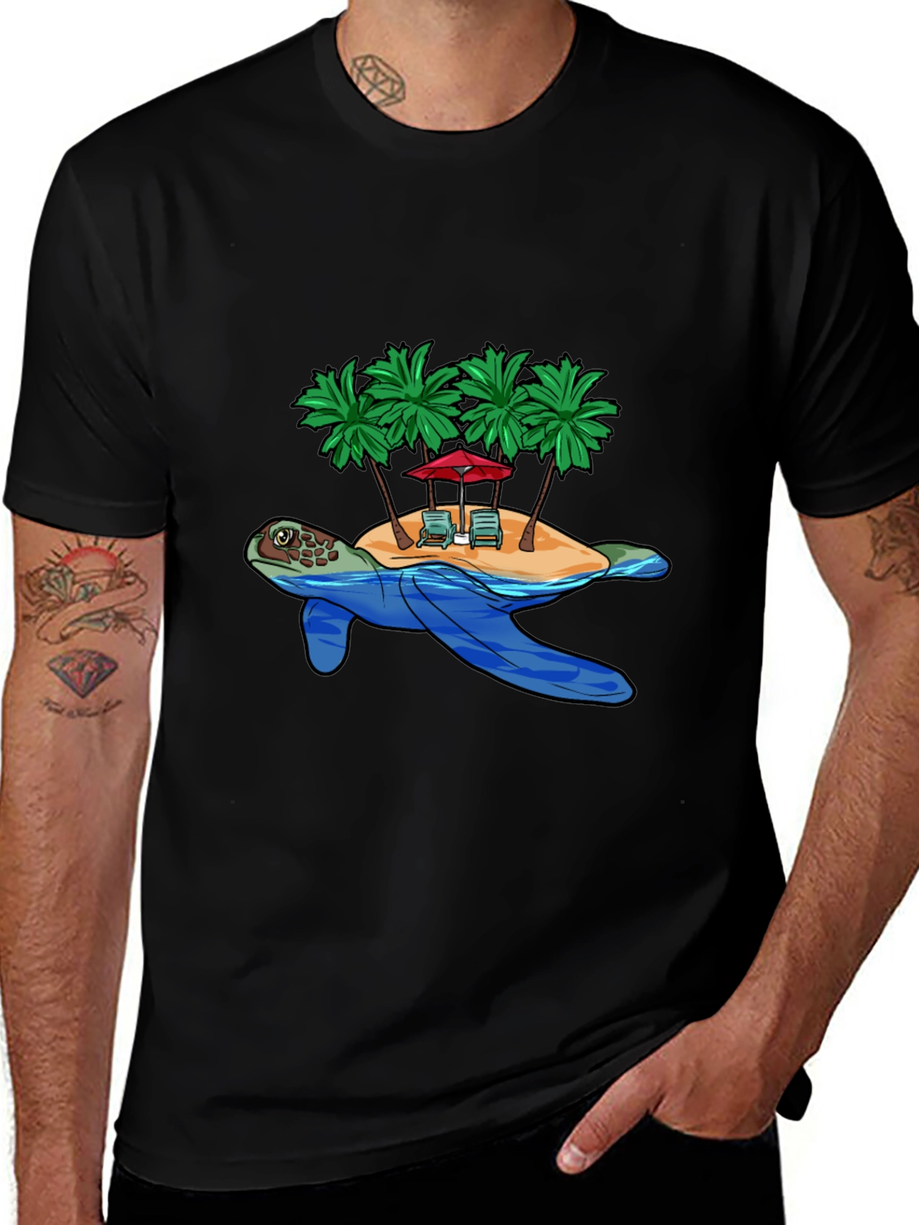 Island Turtle Graphic Tee - Black Cotton T-Shirt