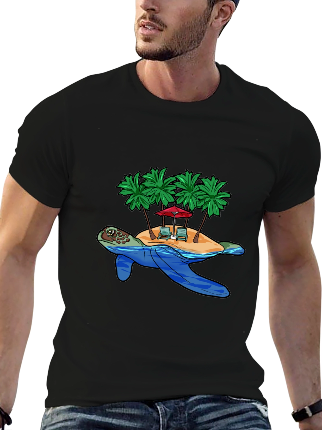 Island Turtle Graphic Tee - Black Cotton T-Shirt