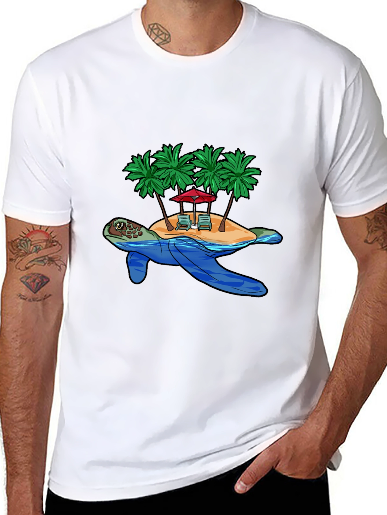 Island Turtle Graphic Tee - Black Cotton T-Shirt