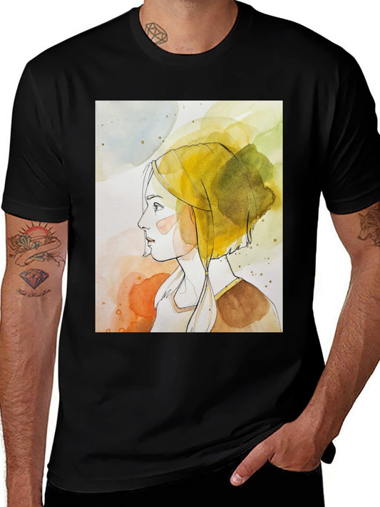 Watercolor Woman Graphic Tee - Stylish Black T-Shirt
