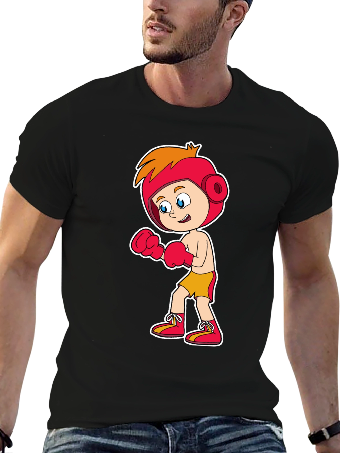 Cartoon Boxer T-Shirt Black Cotton Tee