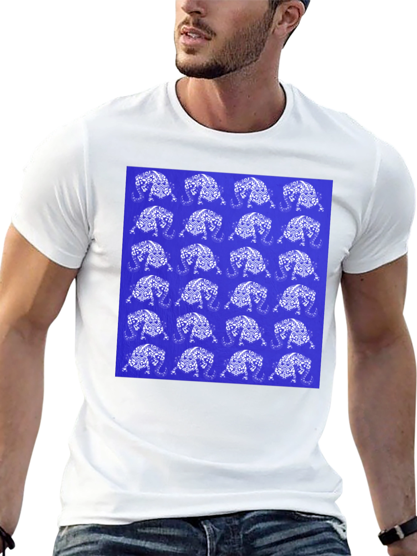 Patterned Elephant Print Crew Neck T-Shirt