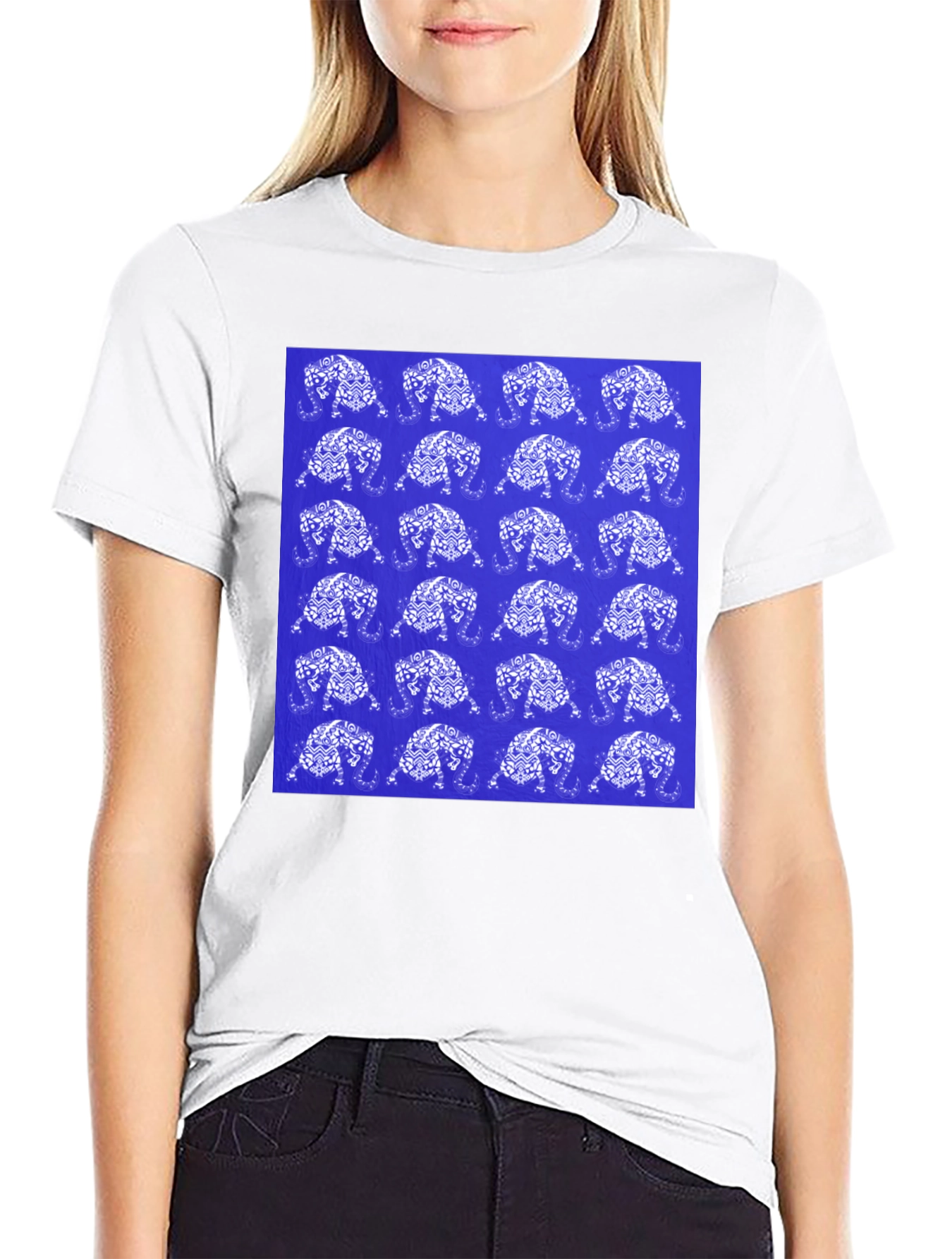 Patterned Elephant Print Crew Neck T-Shirt